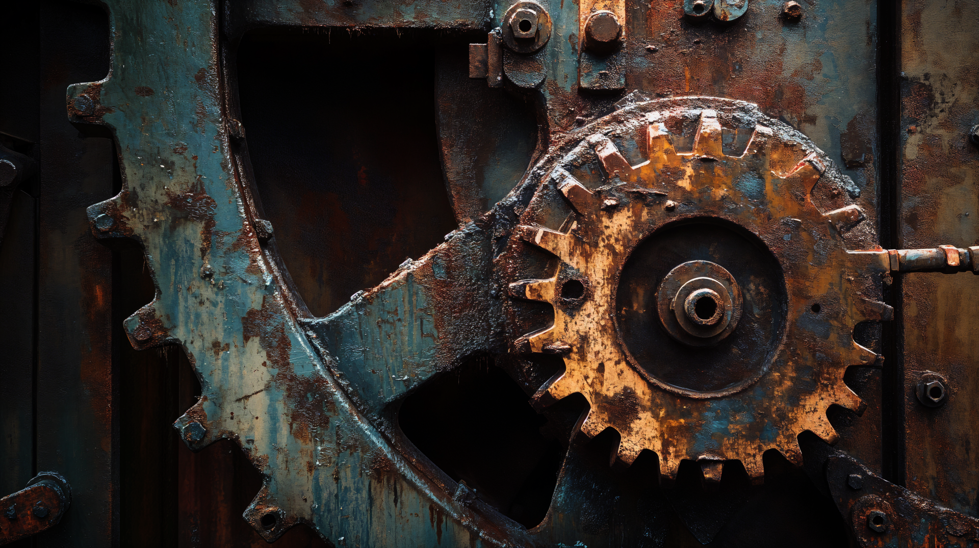 Close-up of rusty machinery with a worn gear, showcasing intricate details and textures. This image serves as a striking 4K Ultra HD PC desktop wallpaper and background.