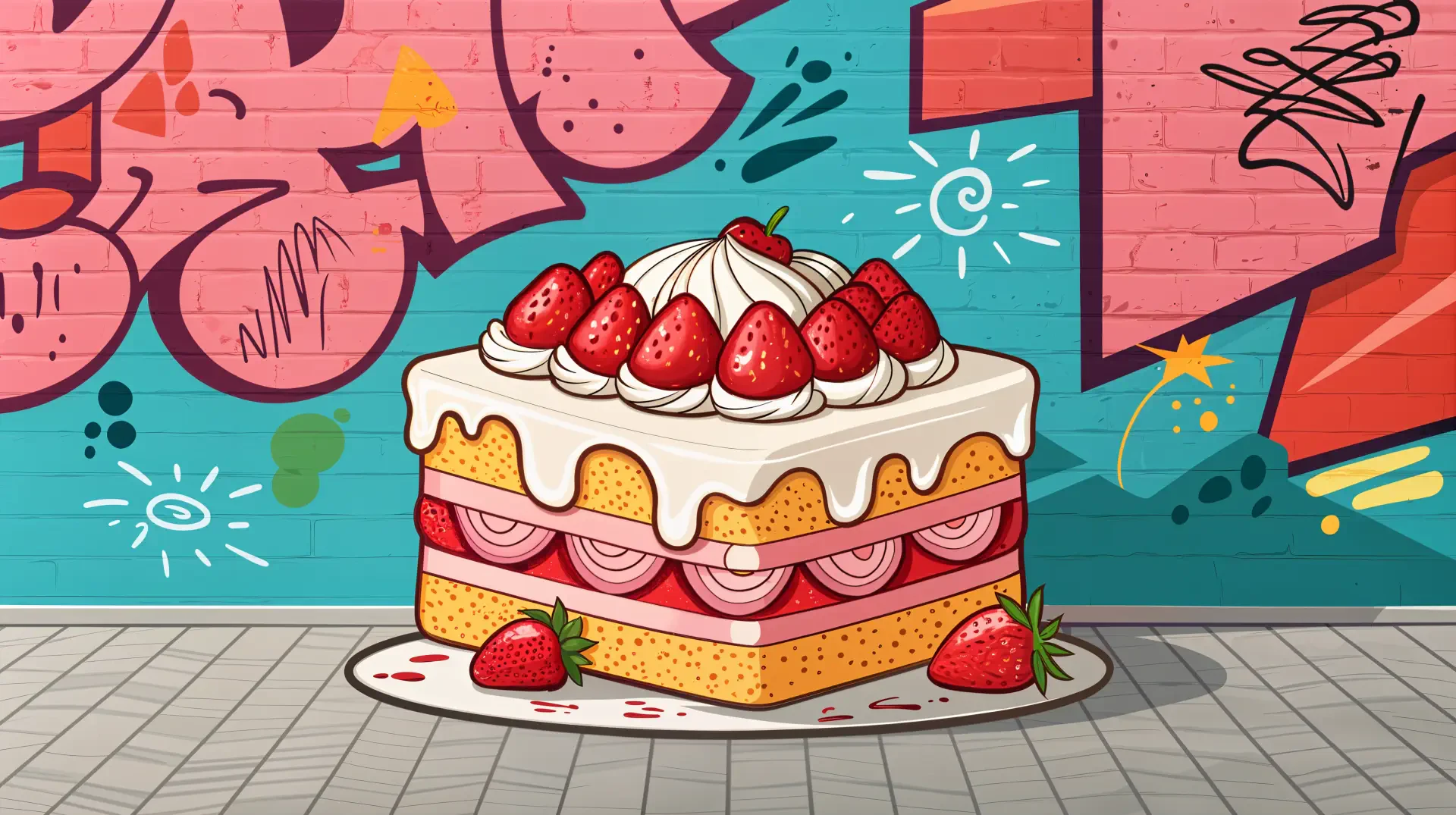 A colorful illustration of a strawberry shortcake, topped with fresh strawberries and whipped cream, set against a vibrant graffiti wall, captured in 4K Ultra HD.