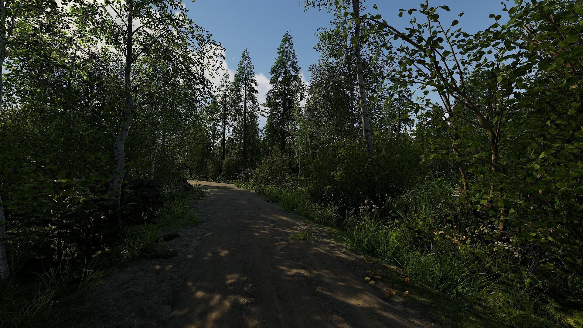 A serene forest path surrounded by lush greenery, capturing the essence of nature in the Finnish Cottage Simulator. This HD wallpaper invites tranquility and exploration.