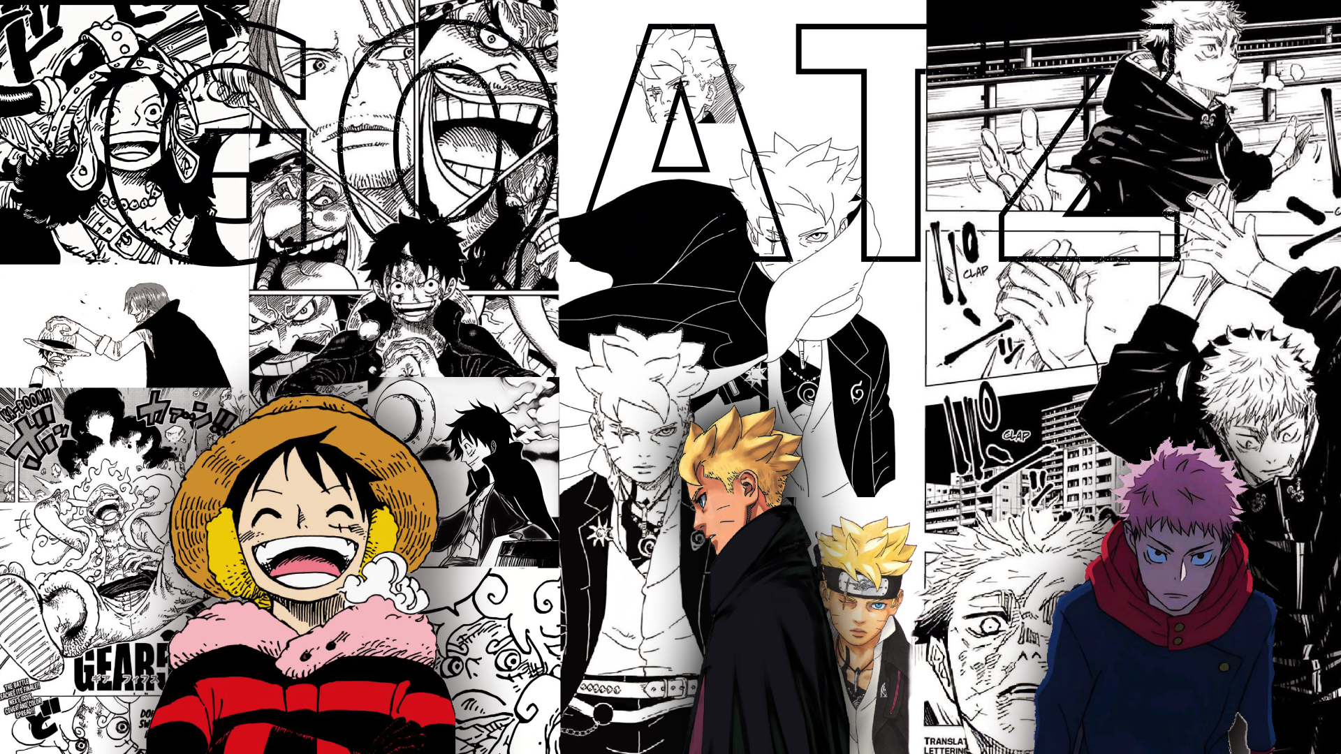 4K Ultra HD manga-themed PC desktop wallpaper featuring a collage of iconic black-and-white manga panels with colorful anime characters in the foreground.