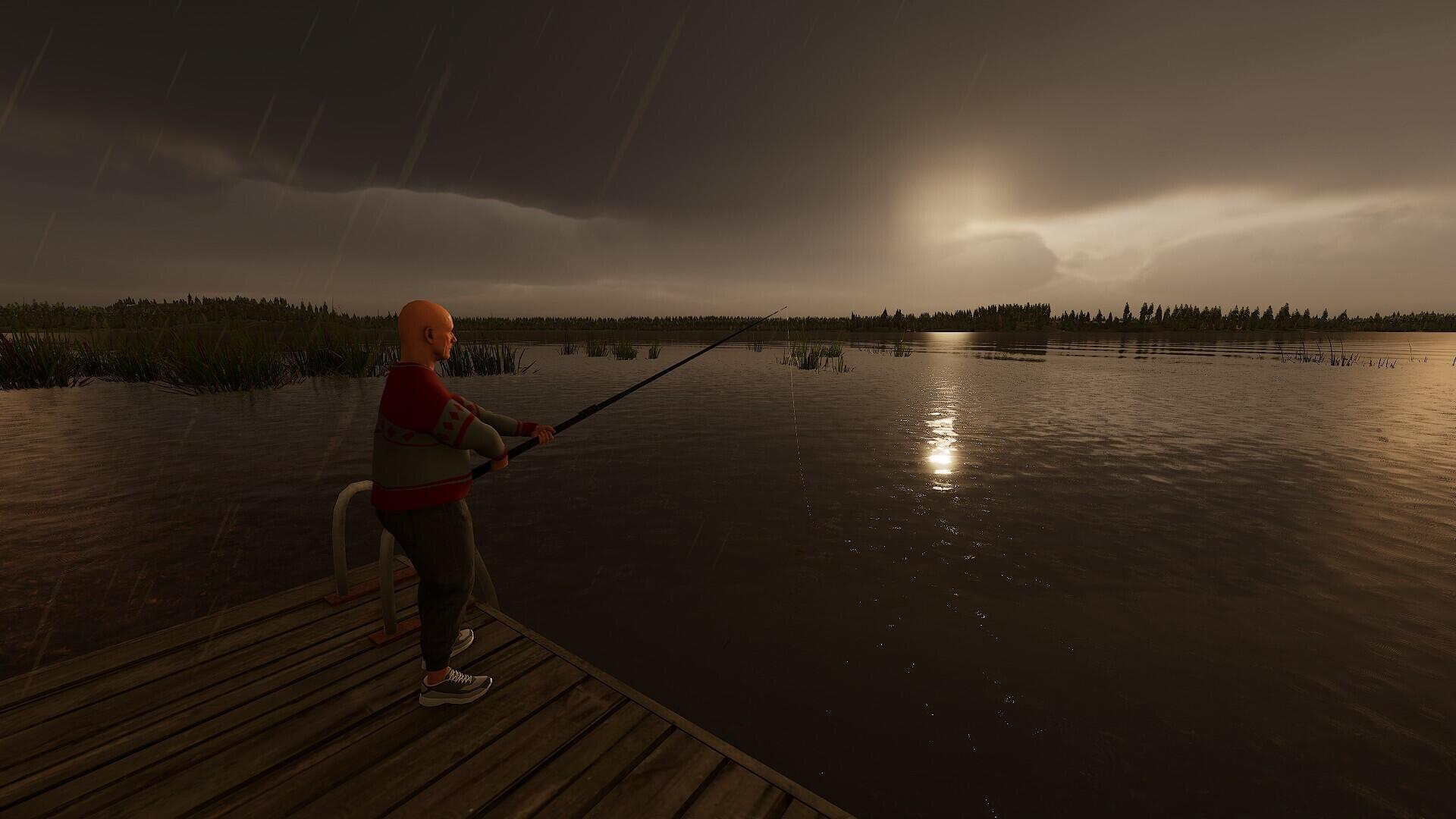 A scene from Finnish Cottage Simulator, featuring a person fishing on a dock at sunset. The tranquil lake reflects the dramatic clouds and surrounding nature, creating a serene atmosphere.