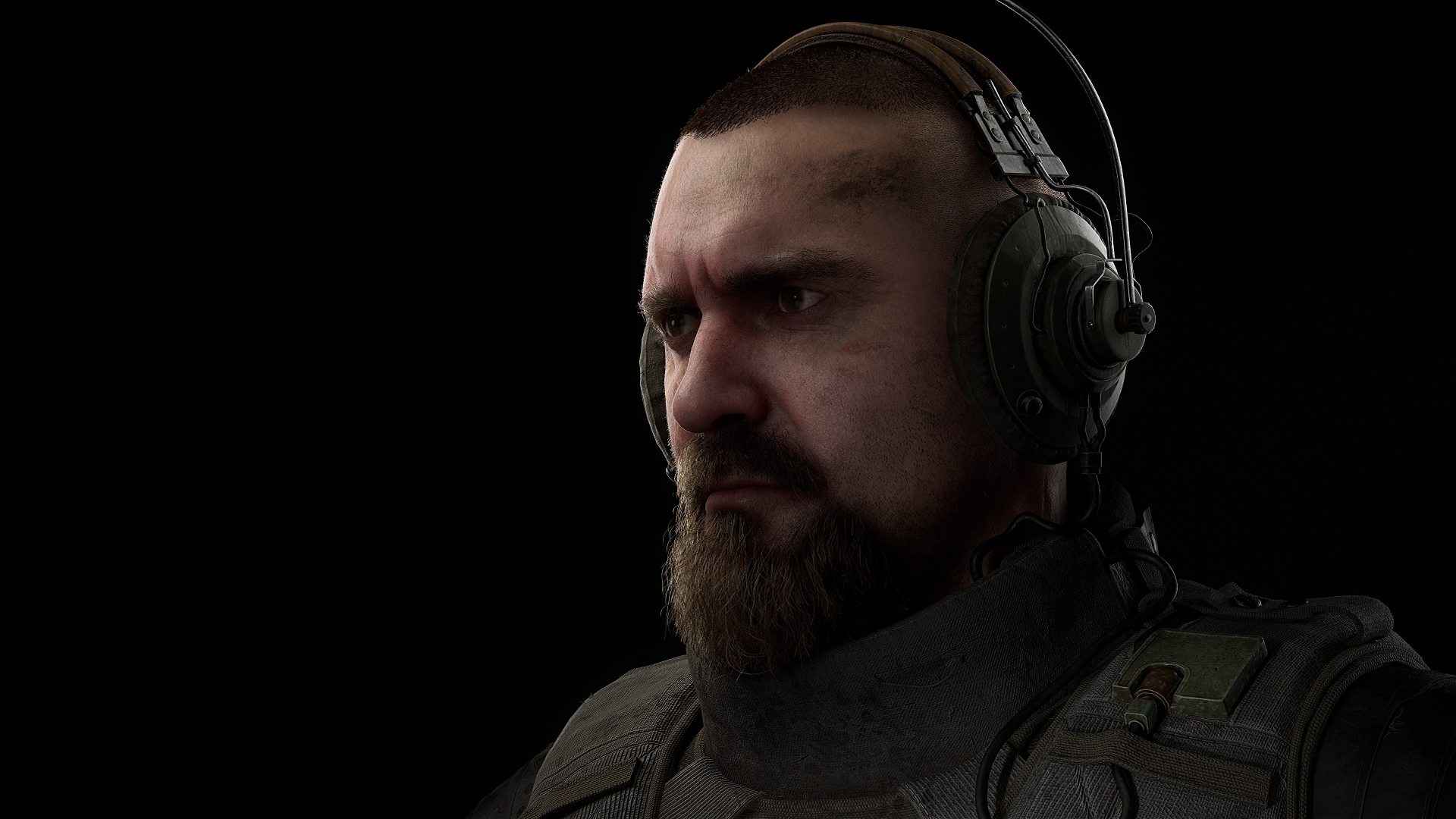 A detailed character from the video game S.T.A.L.K.E.R. 2: Heart of Chernobyl, featuring a rugged man with headphones, captured in stunning 4K Ultra HD, set against a dark background.