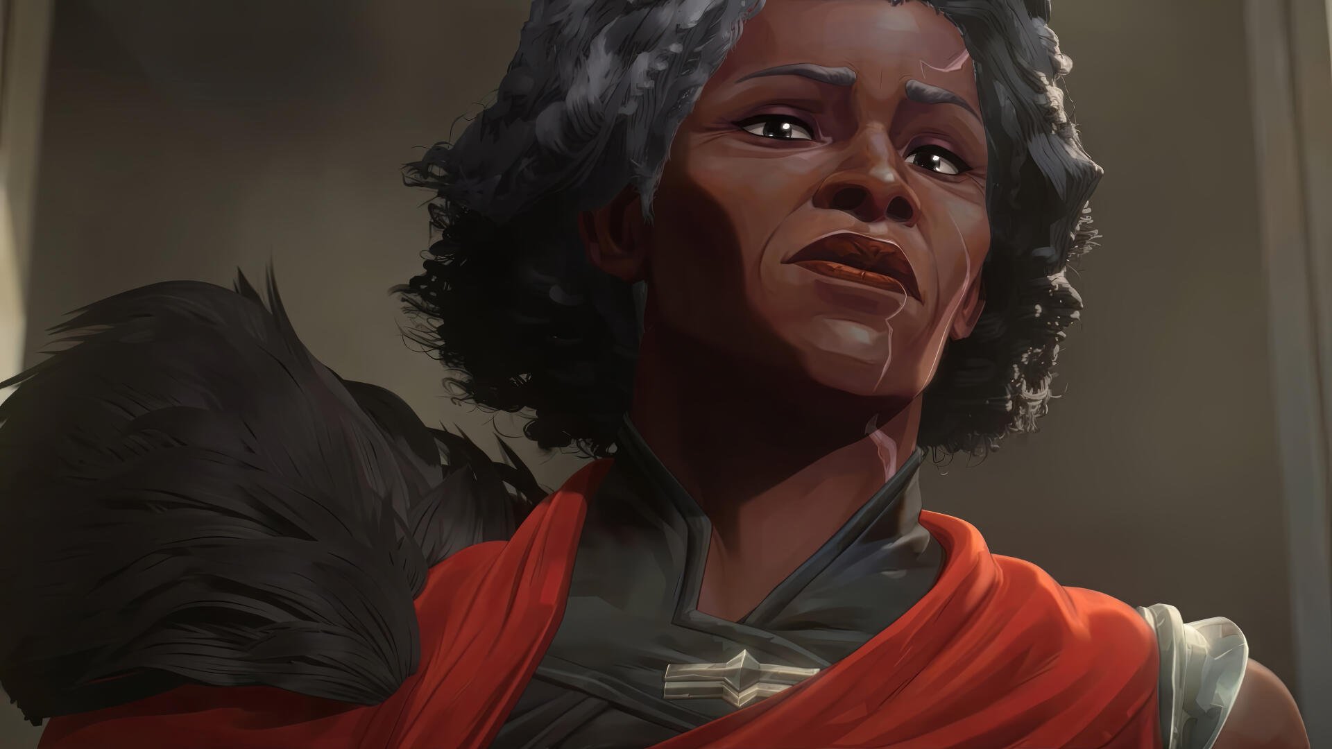 Portrait of Ambessa from the video game League of Legends — Arcane: resolute gaze, gray-streaked hair, red cloak, dramatic lighting. 4K Ultra HD PC desktop wallpaper.