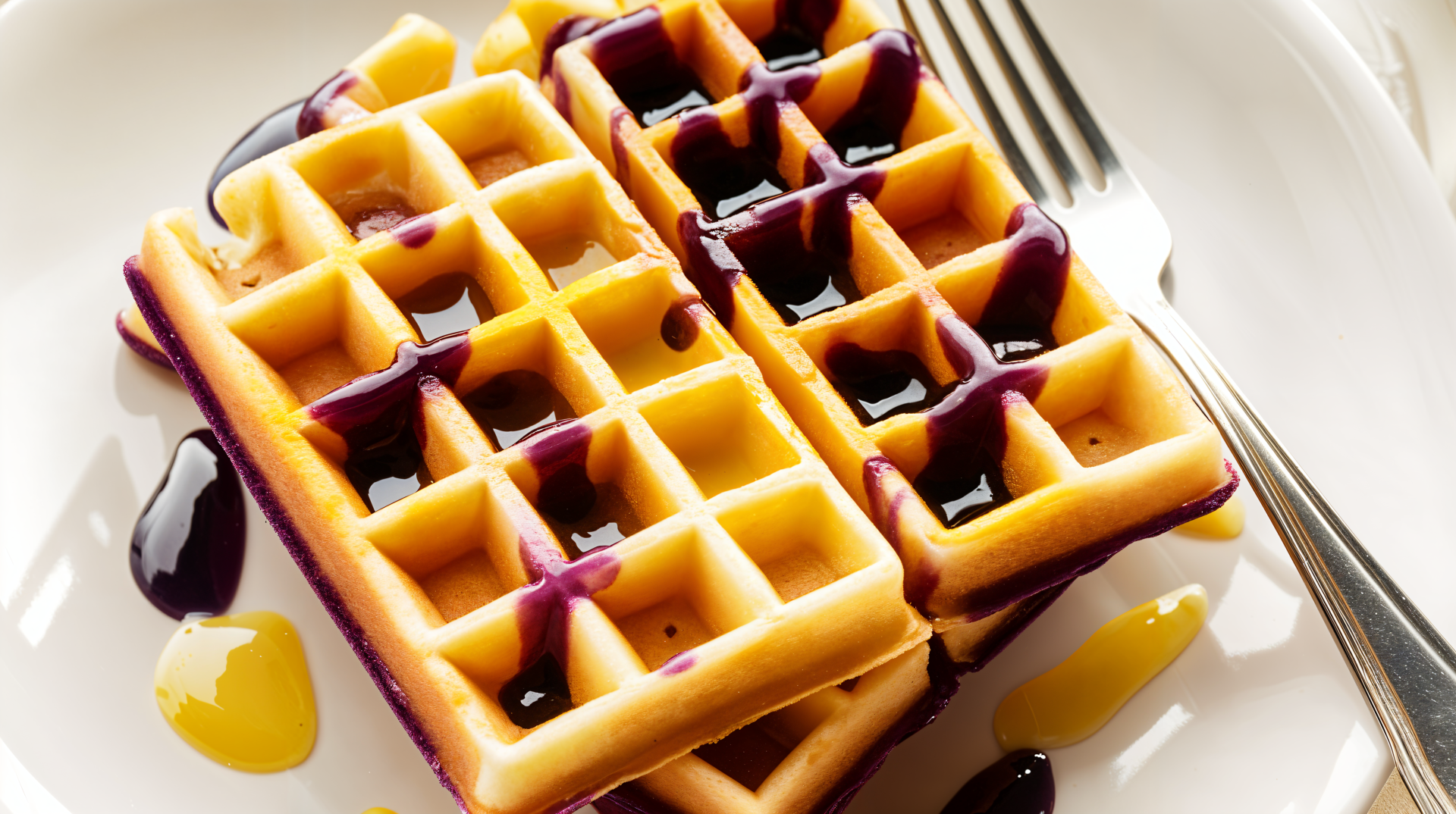 A delicious stack of waffles drizzled with syrup, captured in vibrant detail, perfect for a 4K Ultra HD PC desktop wallpaper and background.