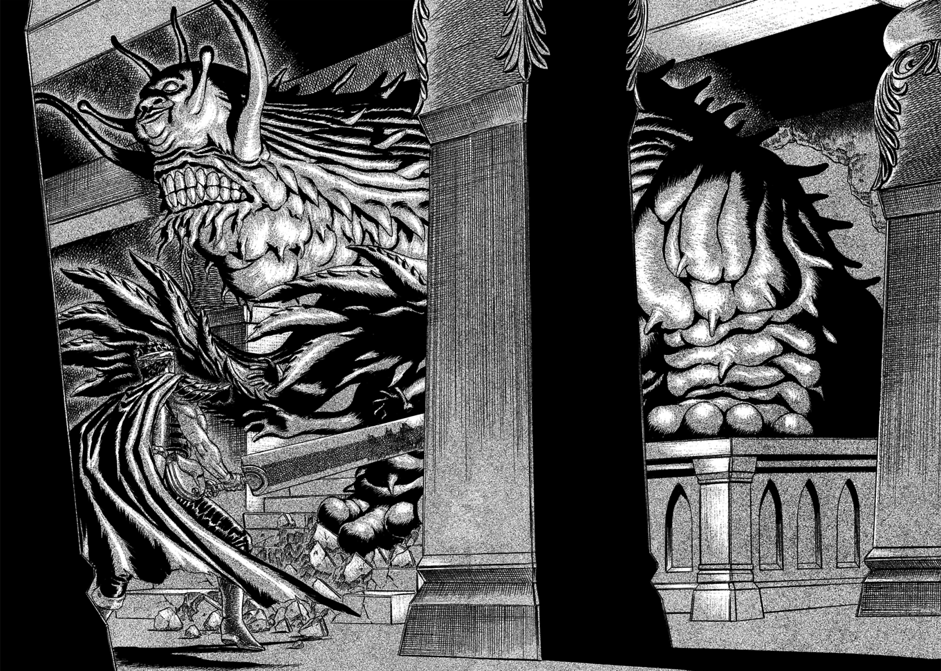 A dramatic HD wallpaper from the manga Berserk, featuring a menacing creature in an ominous setting, showcasing intricate details and powerful contrasts.