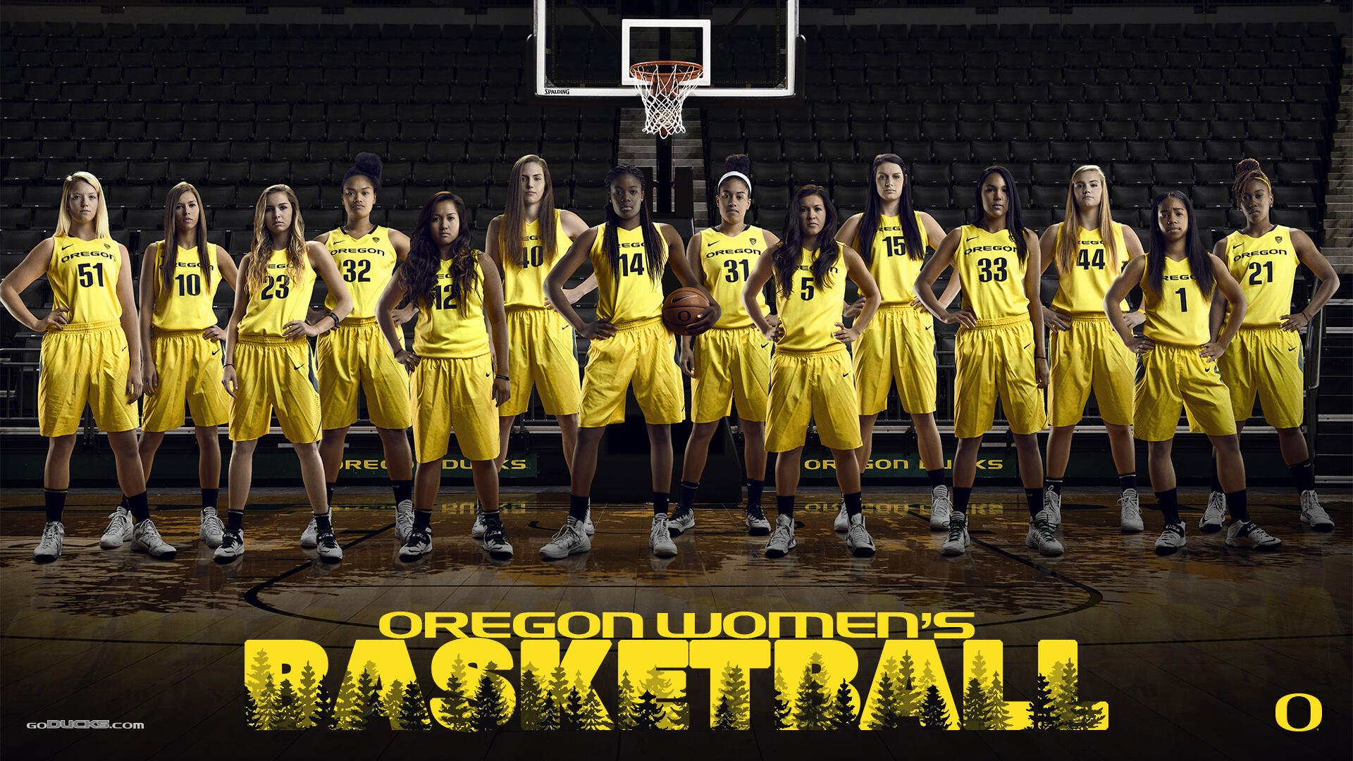 A dynamic HD wallpaper showcasing the Oregon Ducks women's basketball team in yellow uniforms, standing confidently in front of a basketball hoop, highlighting team spirit and athleticism.