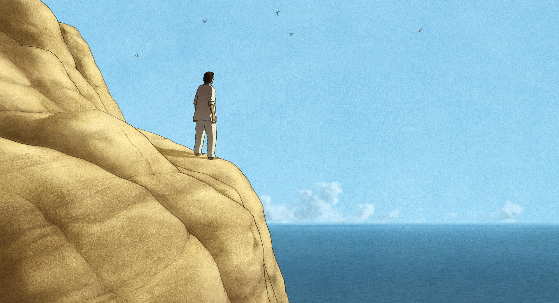 A scene from the movie The Red Turtle, featuring a solitary figure standing on a rocky cliff, gazing out over a serene ocean under a clear blue sky. 4K Ultra HD background.