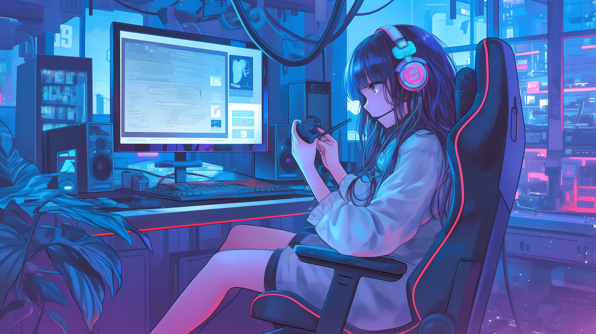 Anime girl with headphones plays a game in a neon-lit, aesthetic gaming setup, rendered in a lofi style as an HD PC desktop wallpaper background.