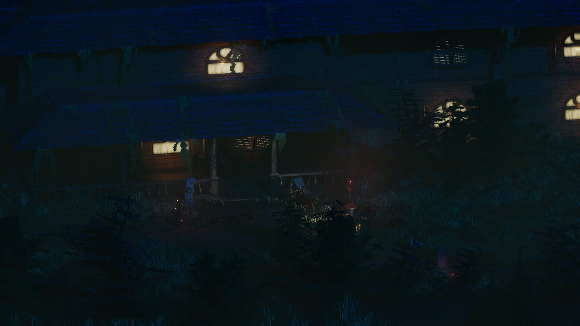 A moody HD wallpaper from the video game Enigma of Fear, featuring a dimly lit house surrounded by shadows, creating an atmosphere of suspense and intrigue.