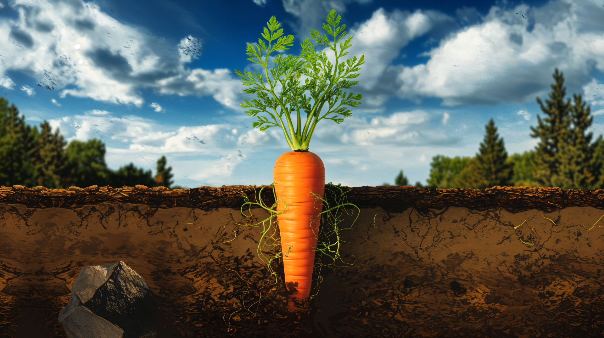 A vibrant carrot with green leaves emerges from dark soil, set against a beautiful sky with clouds. This stunning image makes a striking 4K Ultra HD desktop wallpaper.