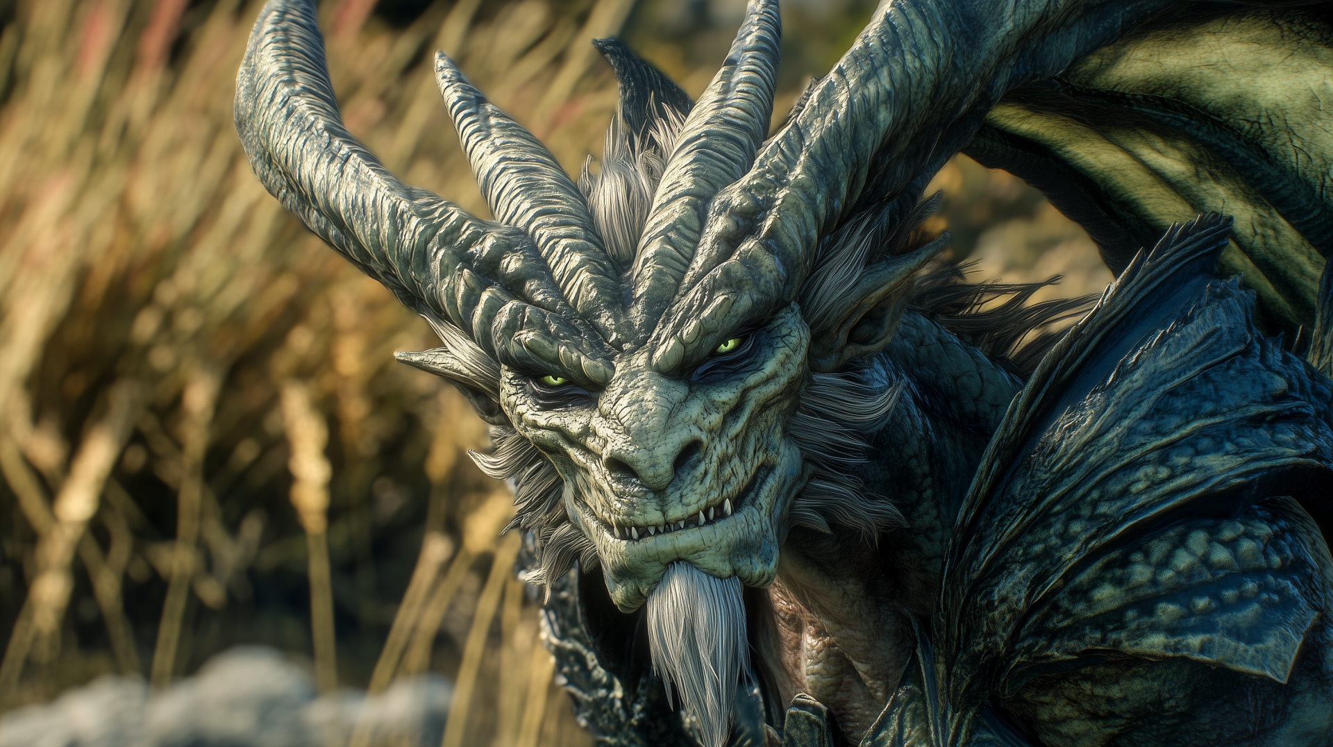 HD desktop wallpaper featuring a detailed Dragonborn monster with textured scales, sharp horns, and piercing eyes in a natural outdoor setting.
