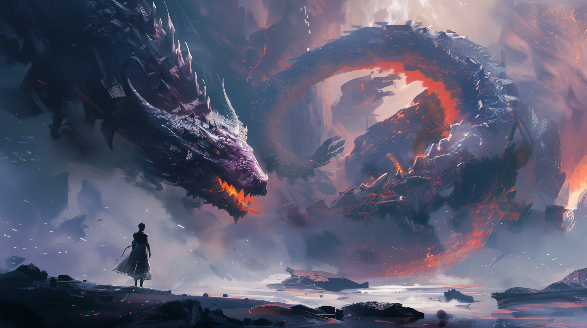 A dramatic fantasy scene featuring two majestic dragons, one menacing and the other swirling through the air, with a lone figure standing in awe against a vibrant backdrop. 4K Ultra HD.
