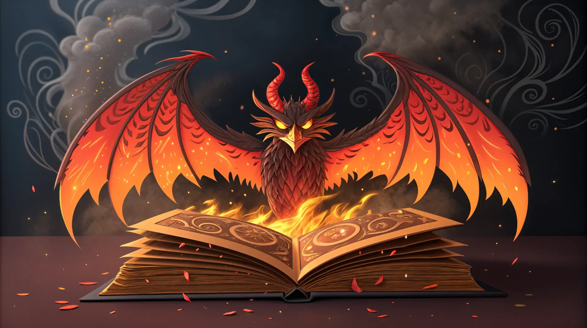 A striking 4K Ultra HD wallpaper featuring Ifrit, depicted as a majestic fiery creature emerging from an ancient book, surrounded by swirling smoke and embers.