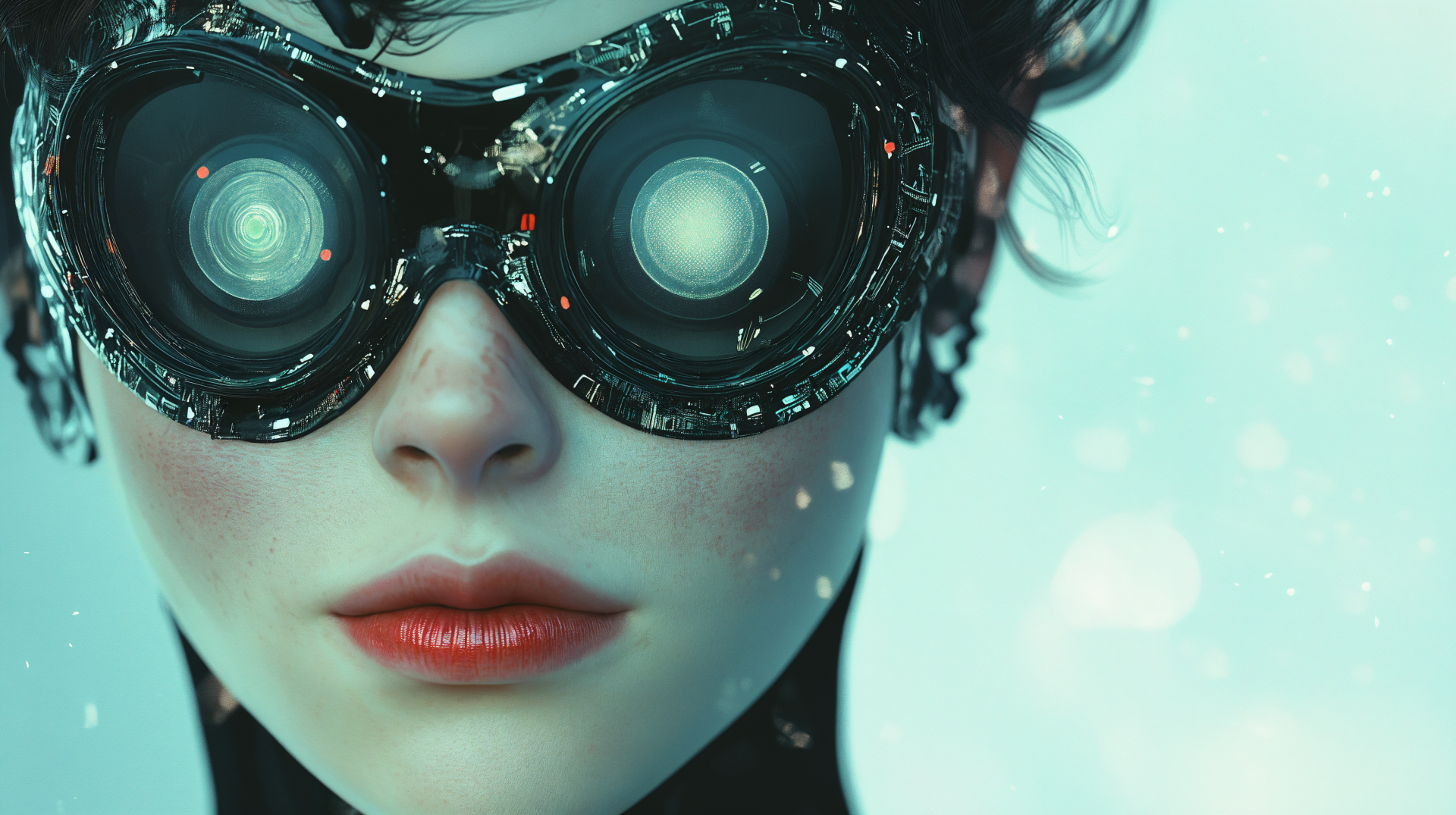 A close-up of a woman cyberneticist wearing futuristic goggles, set against a soft blue background, capturing a sci-fi aesthetic in 4K Ultra HD resolution.
