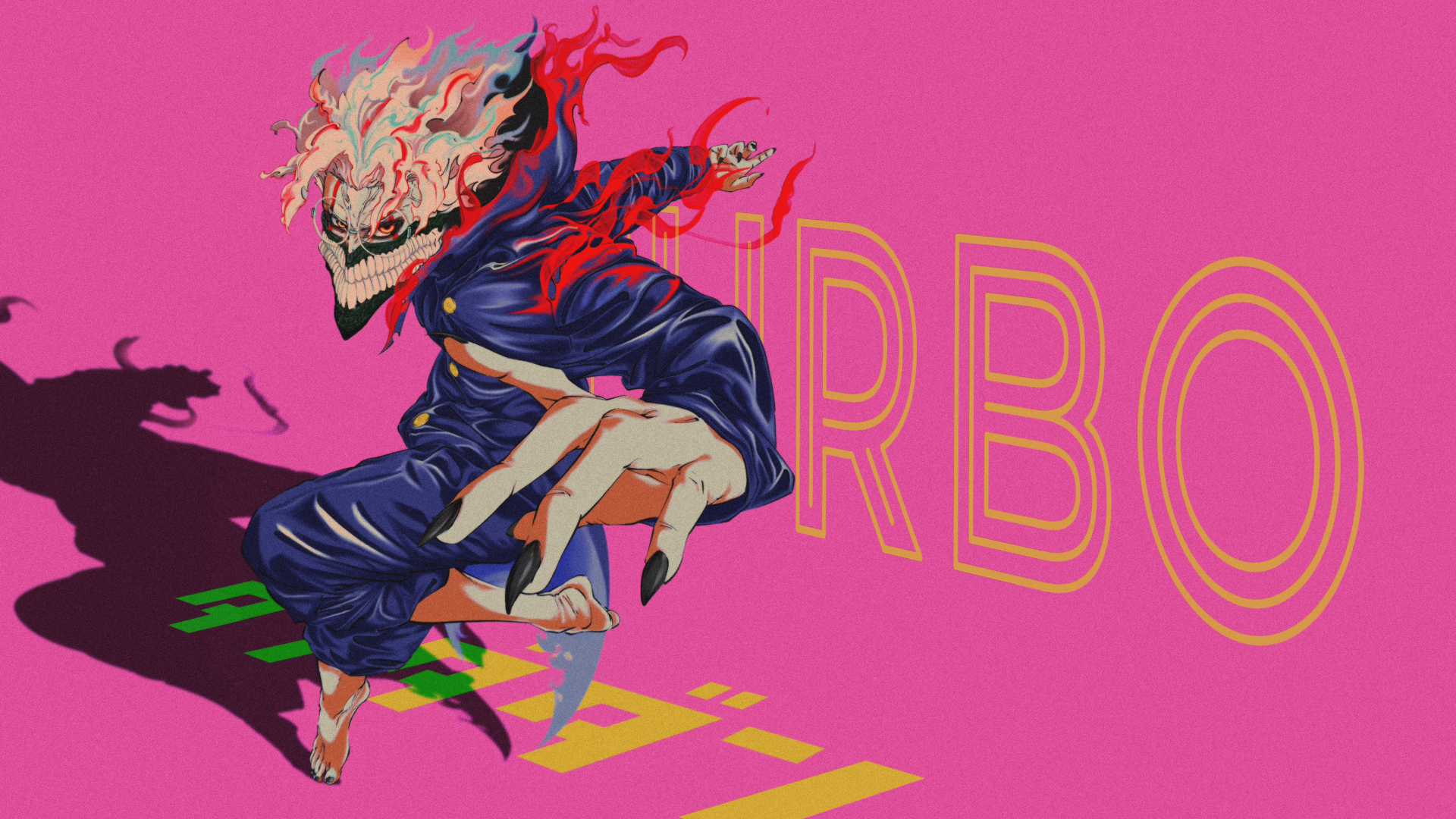 HD PC desktop wallpaper featuring a dynamic anime character from Dandadan with a skeletal mask and vibrant pink background, inspired by Ken Takakura.