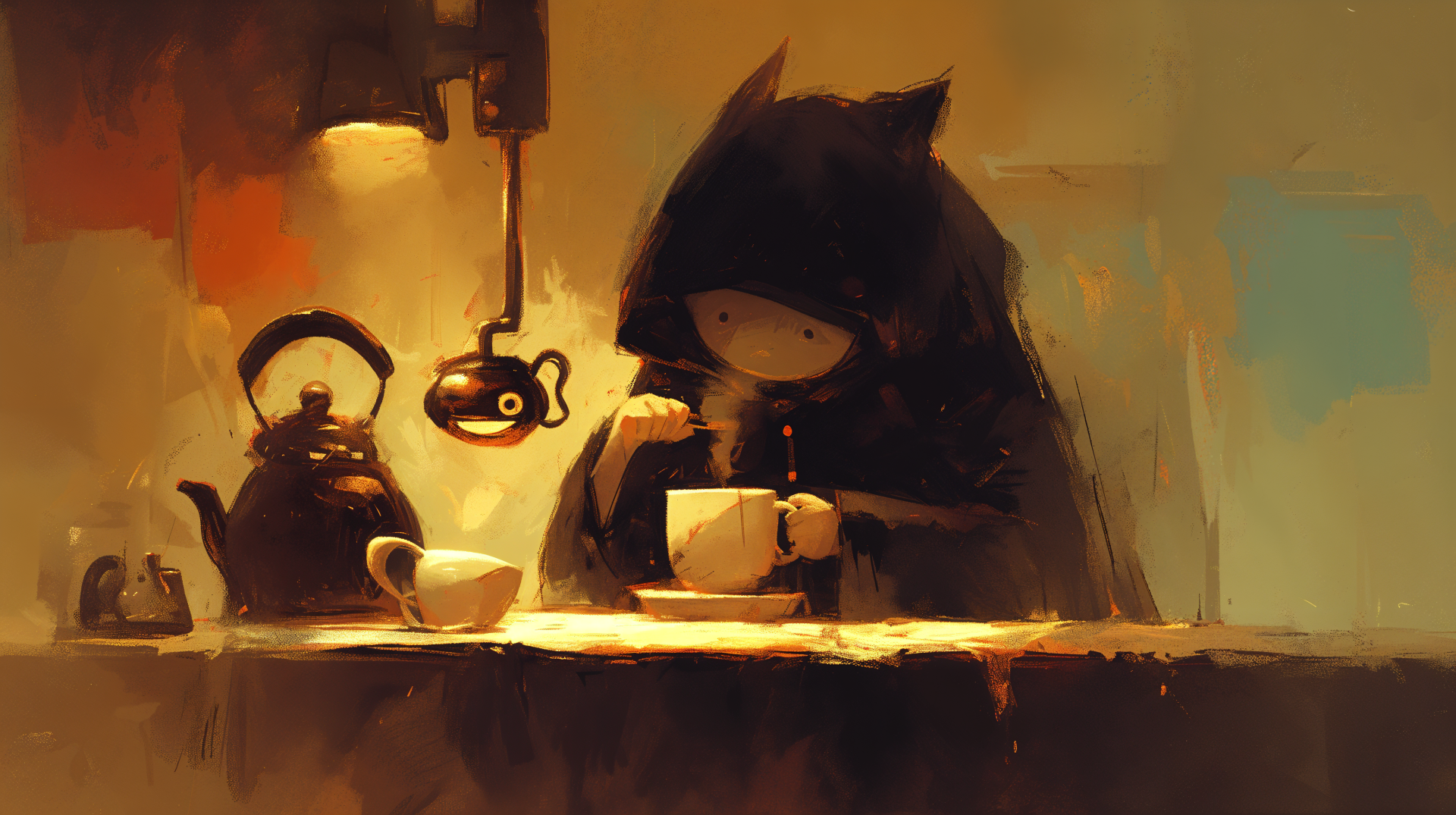 A mysterious figure in a hood stirs a cup of coffee at a warm, inviting table, surrounded by a teapot and soft, ambient light. Artistic and atmospheric, this 4K Ultra HD wallpaper captures comfort.
