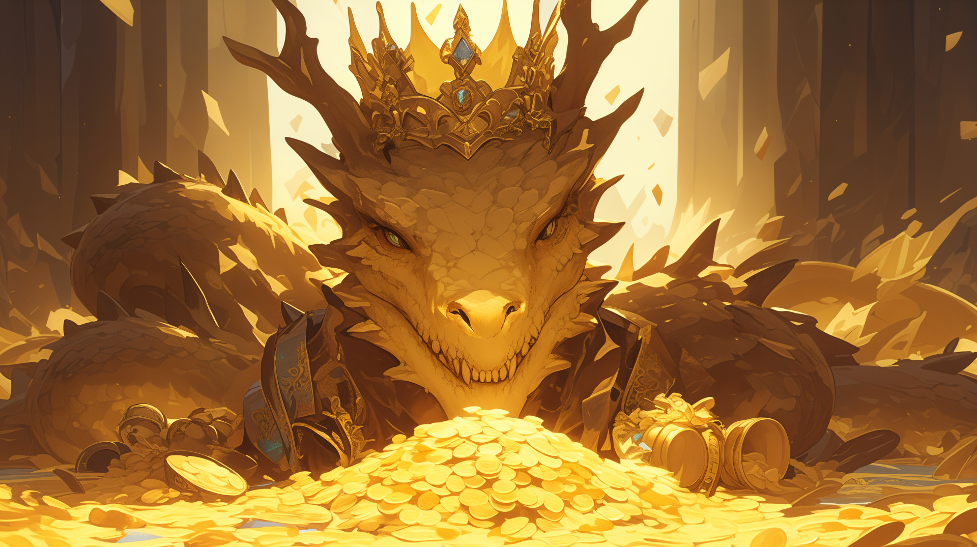 A majestic dragon adorned with a crown rests atop a mound of sparkling treasure, bathed in warm, golden light. This captivating fantasy scene makes an impressive 4K Ultra HD desktop wallpaper.
