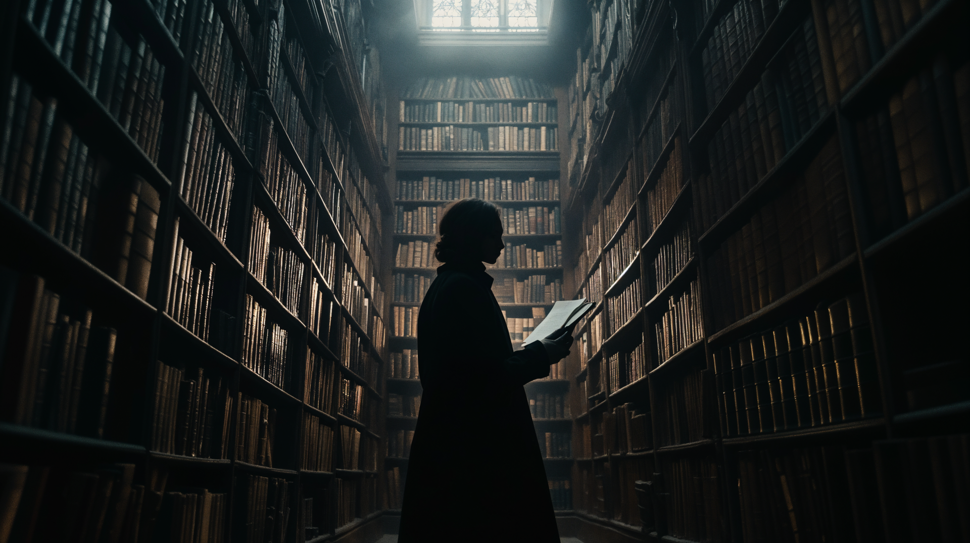 A silhouette of a person reading in a vast, dimly lit library, surrounded by towering bookshelves, embodying the essence of dark academia. 4K Ultra HD wallpaper background.