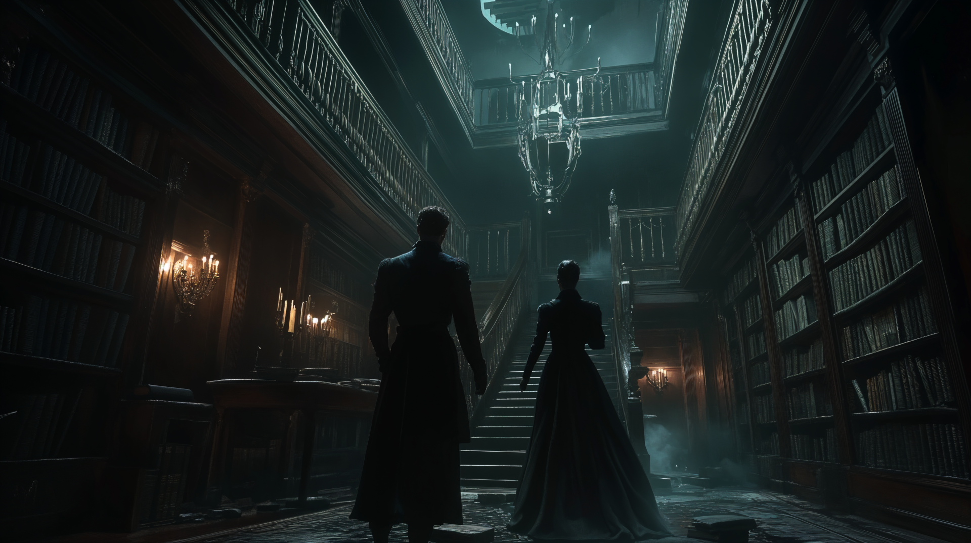 A dark academia-inspired scene featuring two figures in elegant attire standing in a dimly lit, grand library with towering bookshelves and an ornate chandelier. 