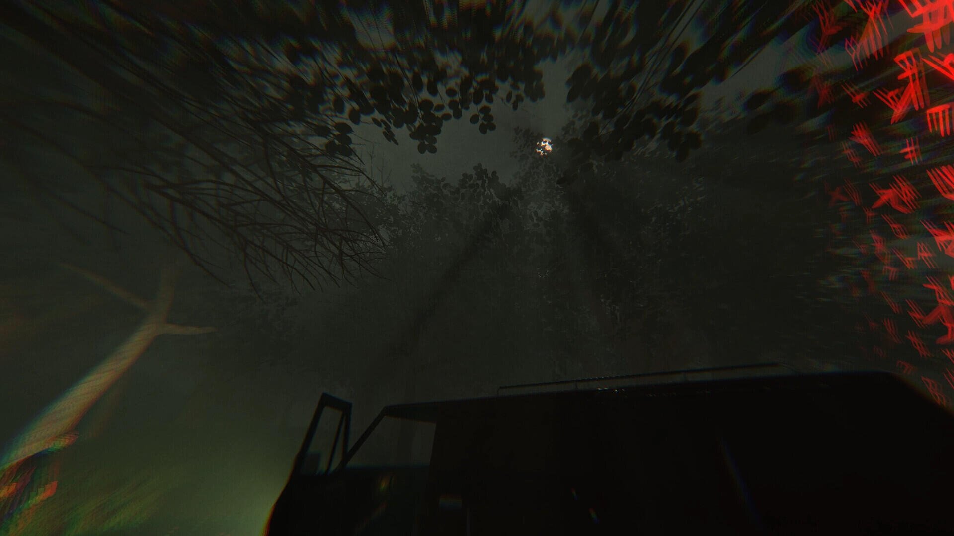 Dark, eerie forest scene from the video game NO STRANGERS, showcased as an HD PC desktop wallpaper with intense lighting and a mysterious atmosphere.