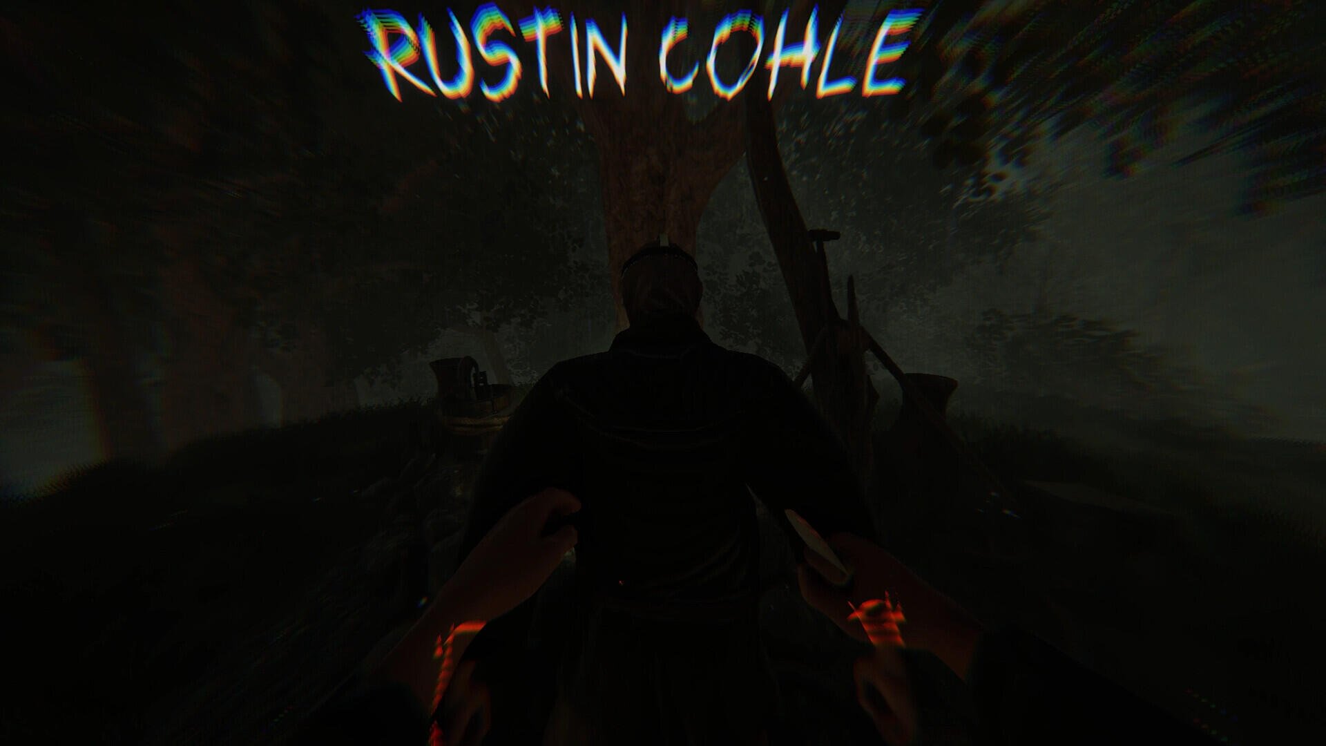 A dark, atmospheric HD wallpaper featuring a character named Rustin Cohle, set against a mysterious forest backdrop, embodying themes from the video game NO STRANGERS.