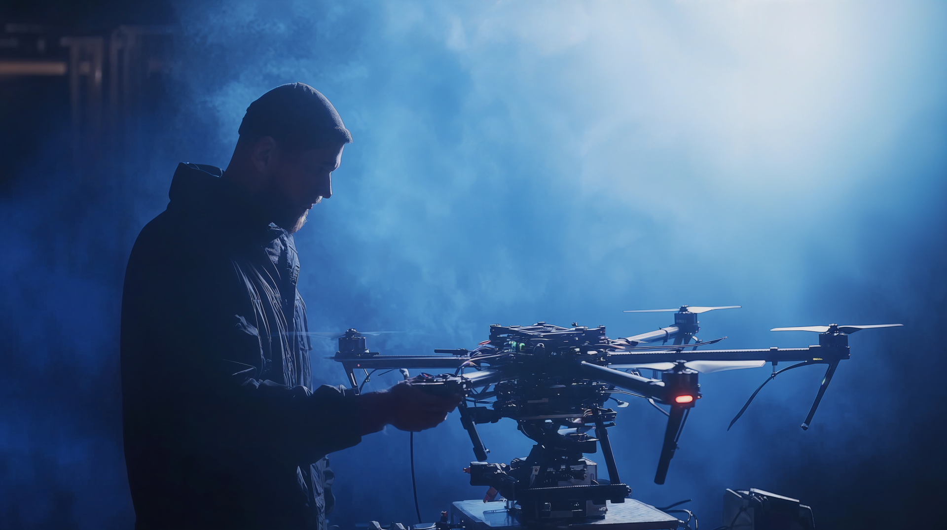 A man operates a drone in a misty, atmospheric setting, showcasing the precision and technology of drone operation in this 4K Ultra HD desktop wallpaper.