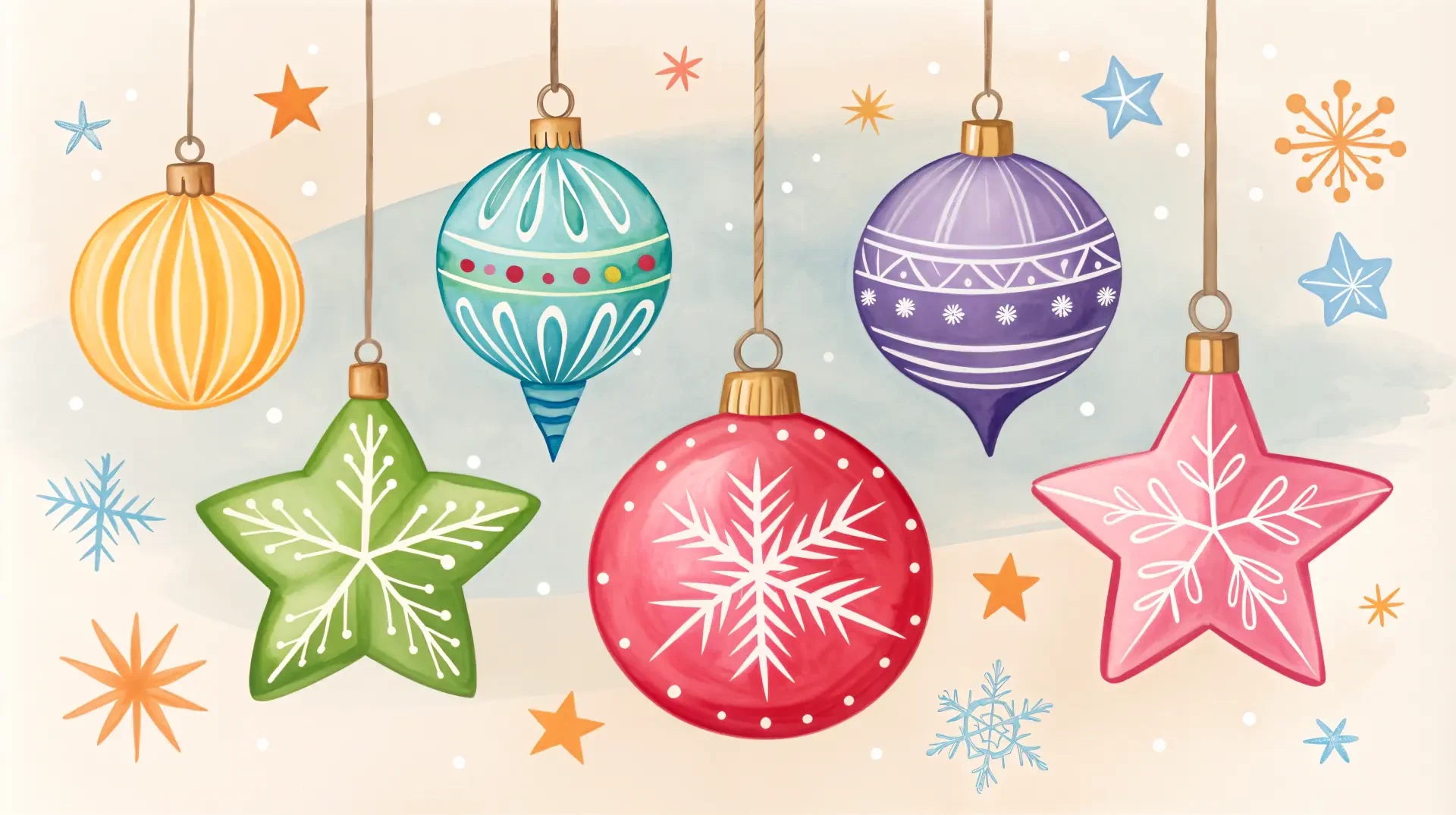 Colorful Christmas ornaments hang against a soft background, featuring intricate designs in a festive display, showcased in a vibrant 4K Ultra HD wallpaper.