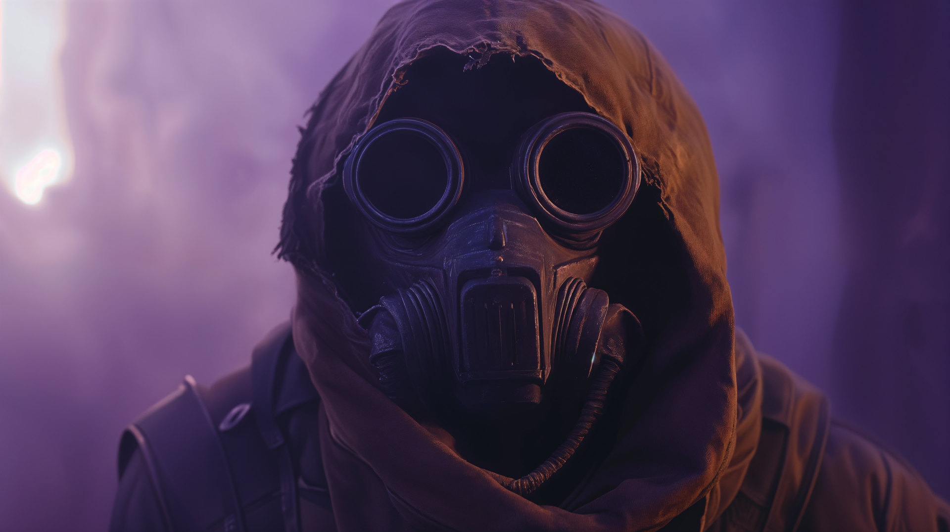 A mysterious figure wearing a gas mask and hood stands amidst a purple haze, depicting a smuggler theme in this striking 4K Ultra HD desktop wallpaper.