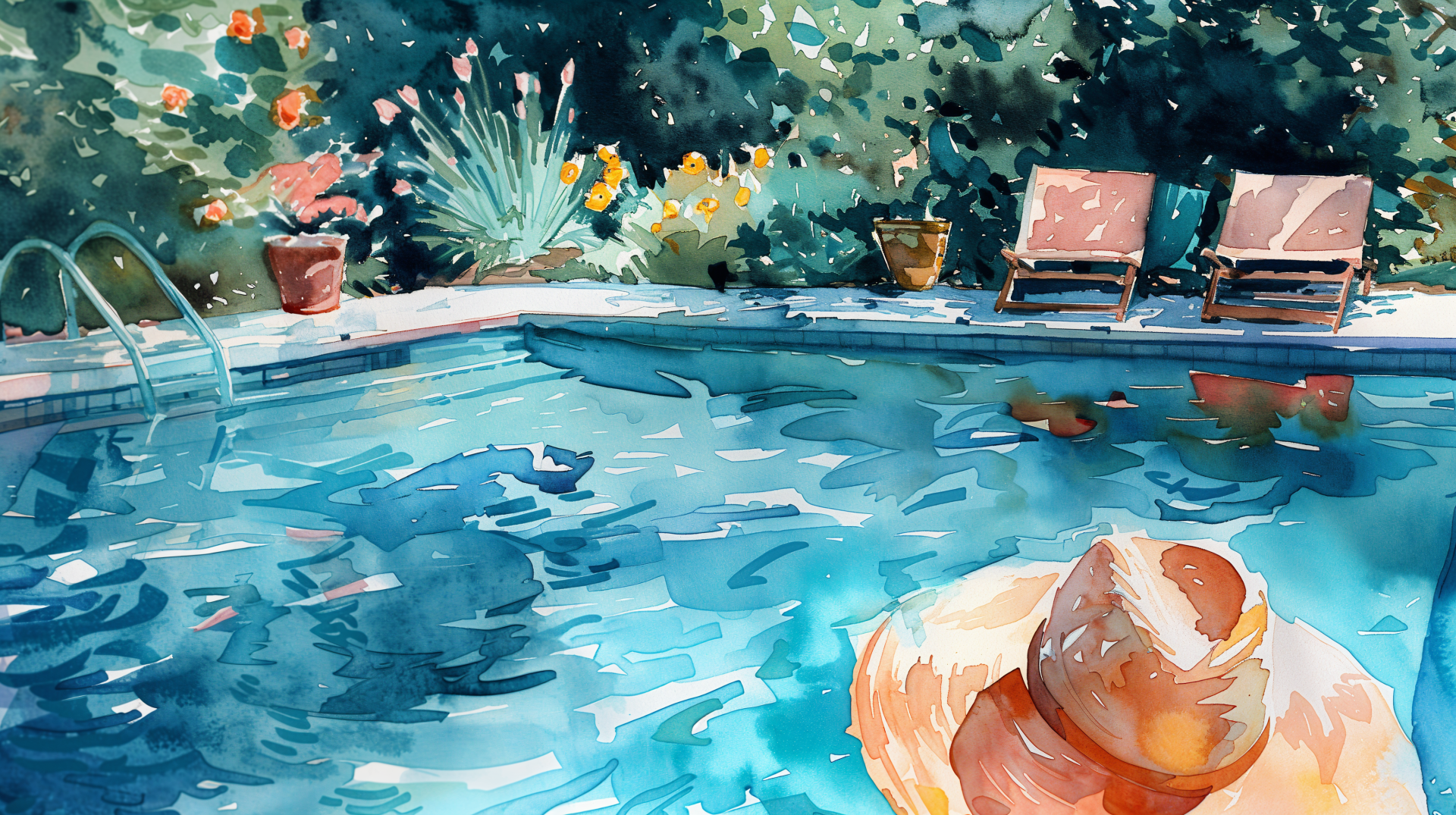 Watercolor 4K Ultra HD desktop wallpaper depicting a serene summer poolside scene with sun loungers, lush greenery, and a wide-brimmed hat by the sparkling water.
