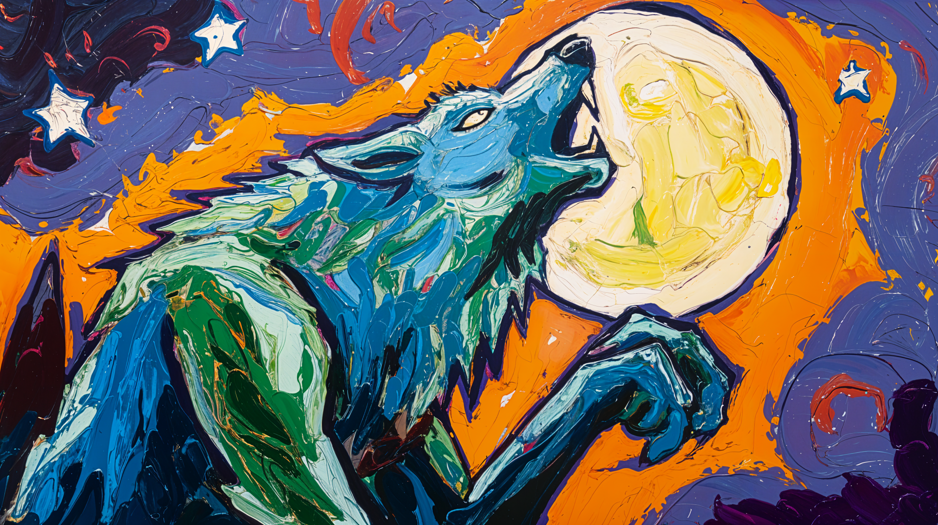 A vibrant werewolf howls at a large, glowing moon against a colorful night sky, creating a striking 4K Ultra HD background for desktop or wallpaper.