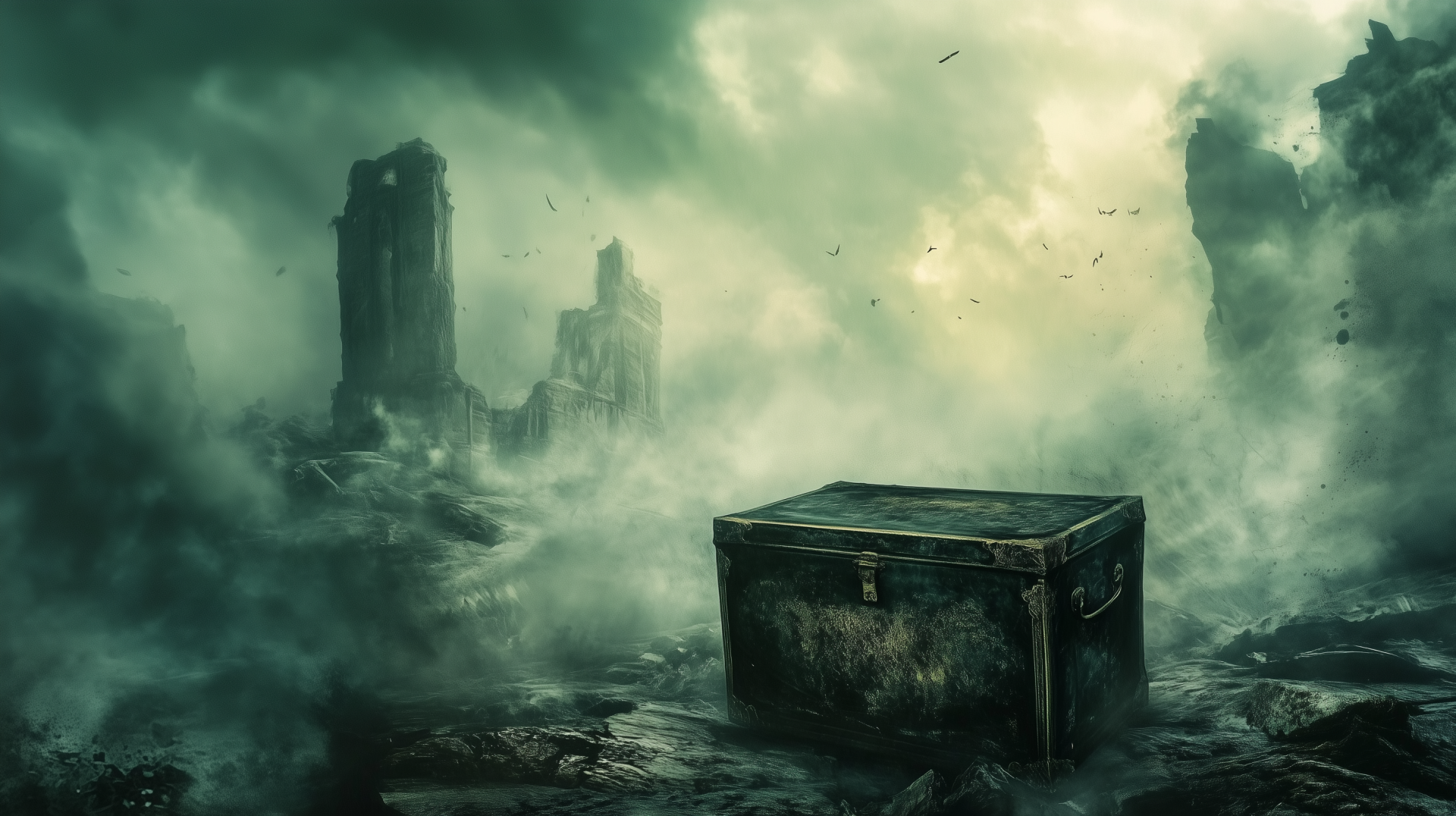 A mysterious, weathered Pandora's Box sits amidst a fog-covered landscape, with crumbling ruins emerging from the mist, creating an atmospheric HD desktop wallpaper.