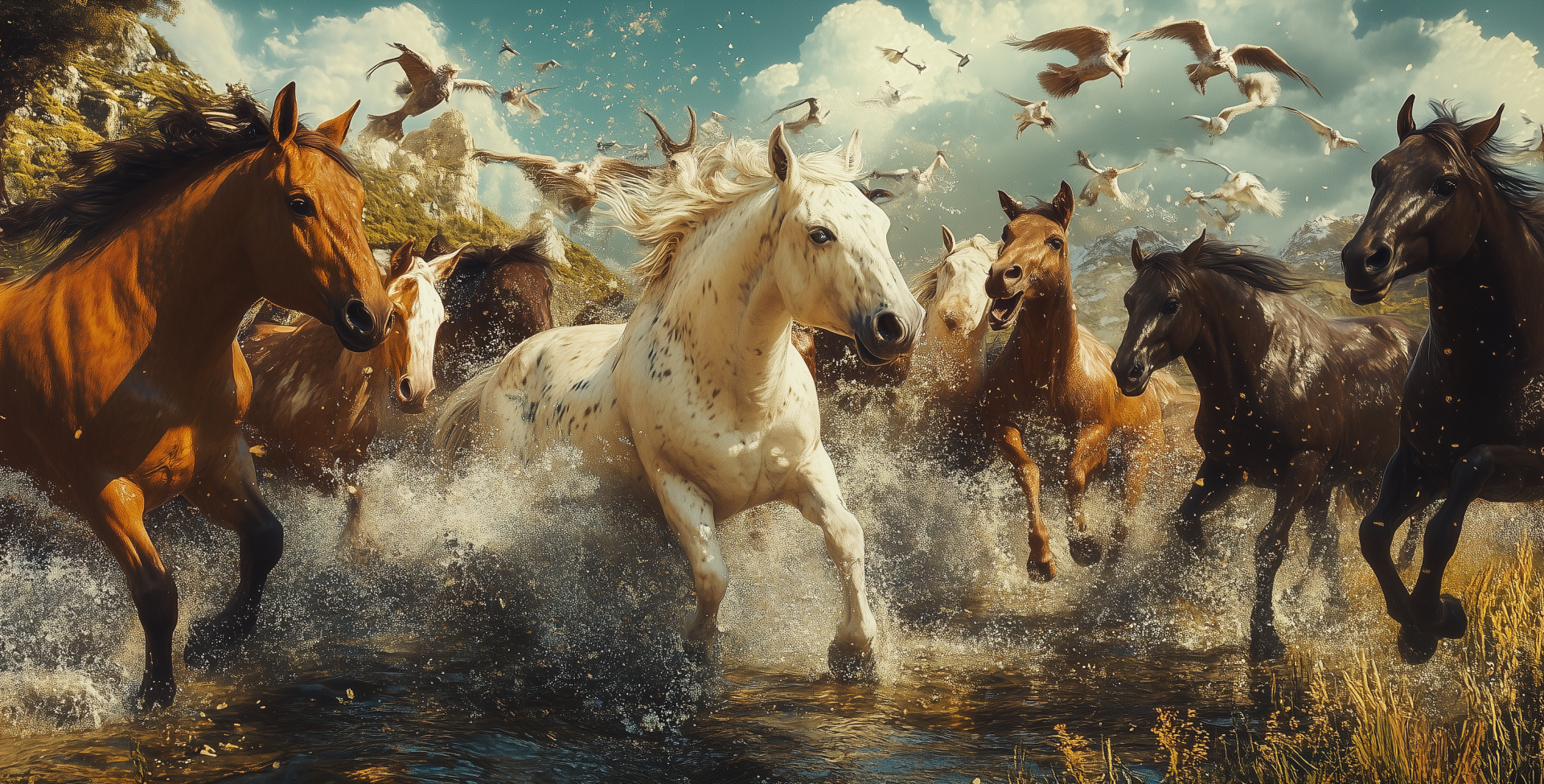 Vibrant HD PC desktop wallpaper depicting a dynamic stampede of horses galloping through water with birds flying overhead against a bright sky.