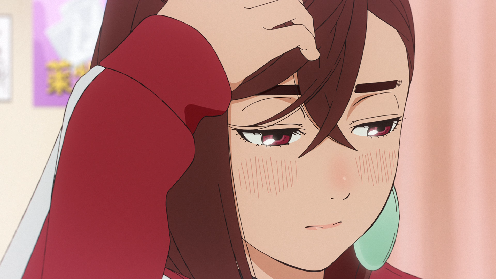 HD anime wallpaper featuring Momo Ayase from Dandadan with a contemplative expression, wearing a red sweater and large teal earrings.