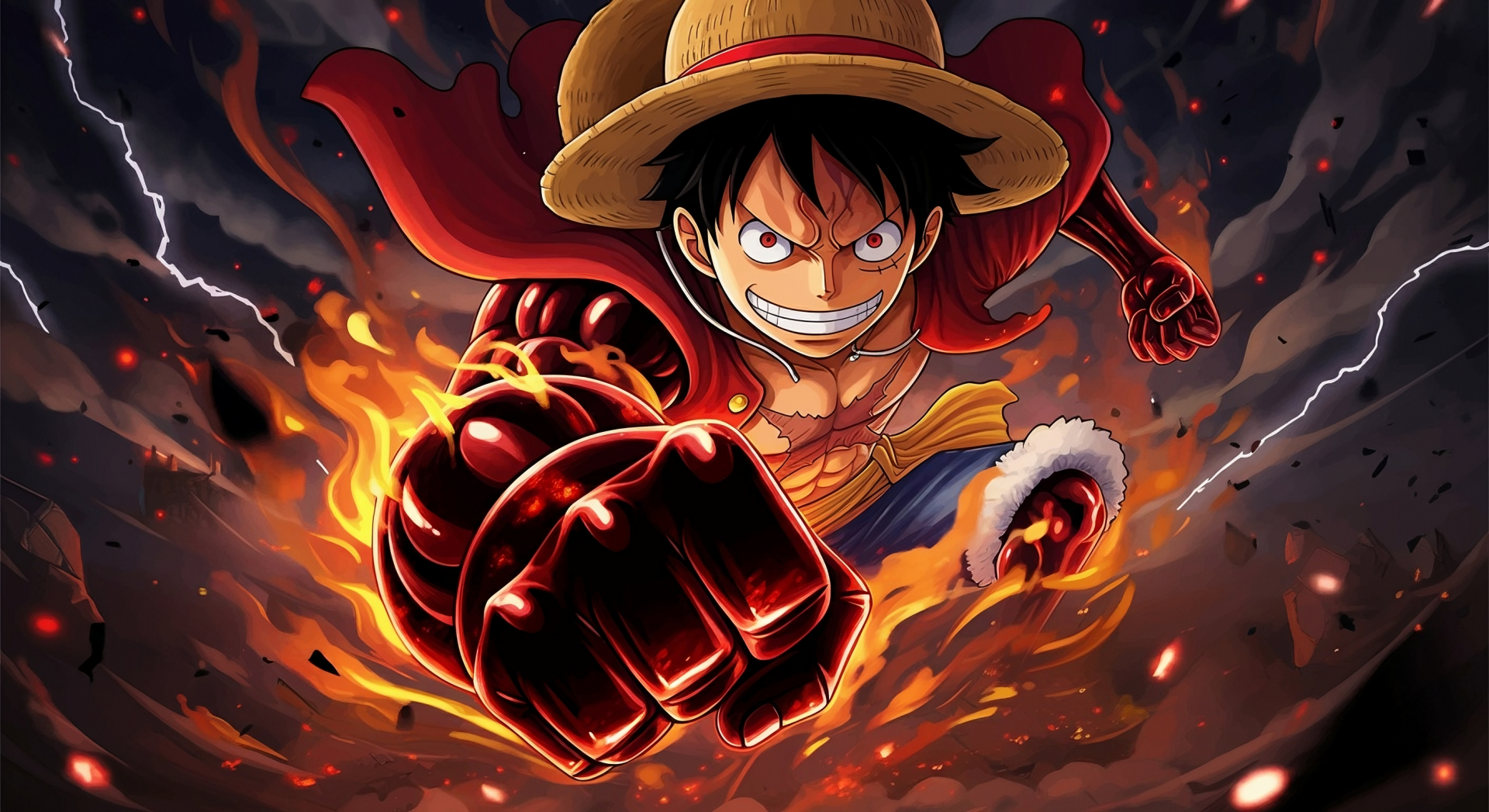 HD PC wallpaper featuring Monkey D. Luffy from One Piece using Haki, with fiery effects and intense action in the background.