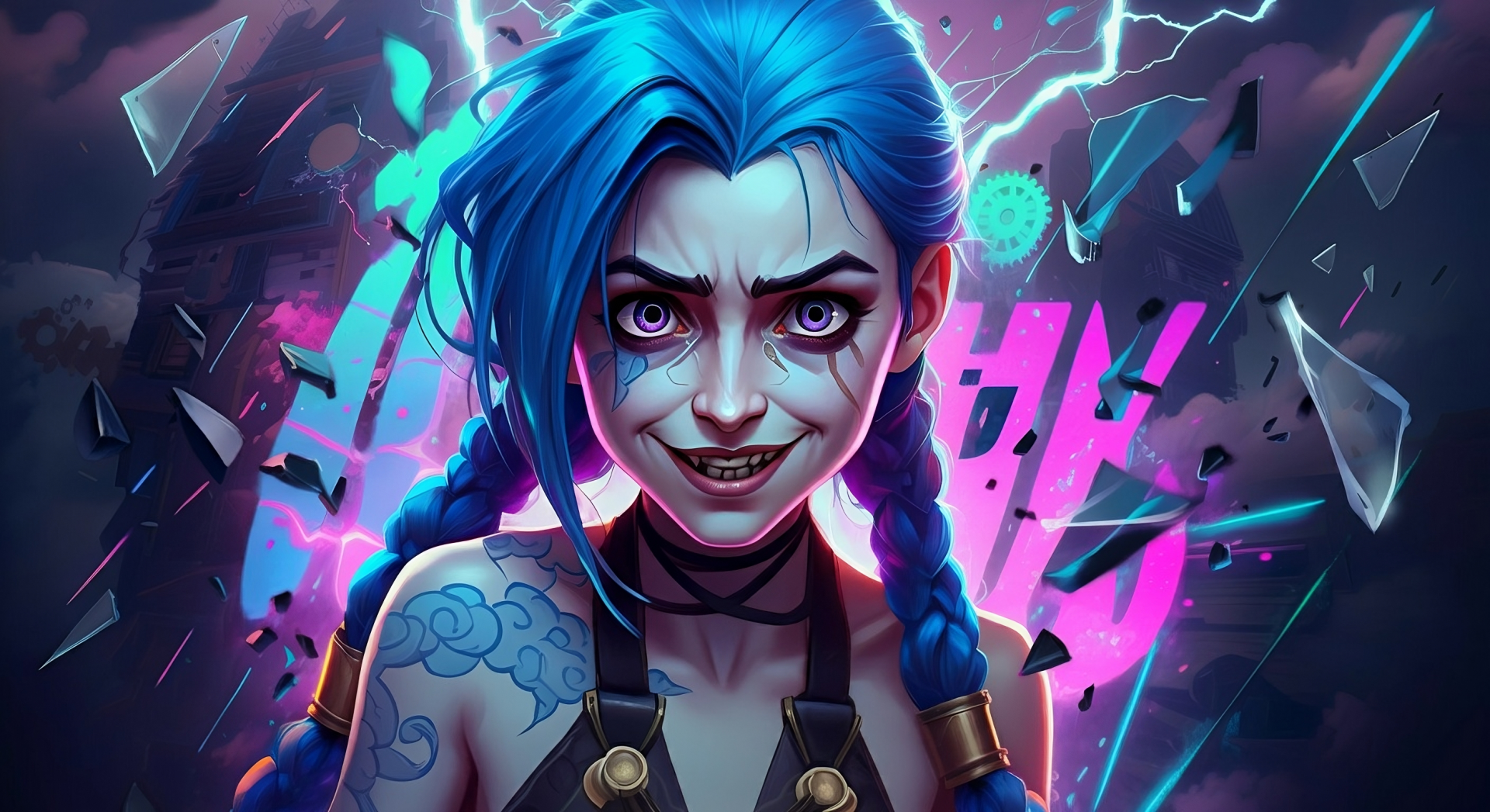 HD PC desktop wallpaper featuring Jinx from League of Legends with glowing blue hair, intense expression, and a vibrant electric background.