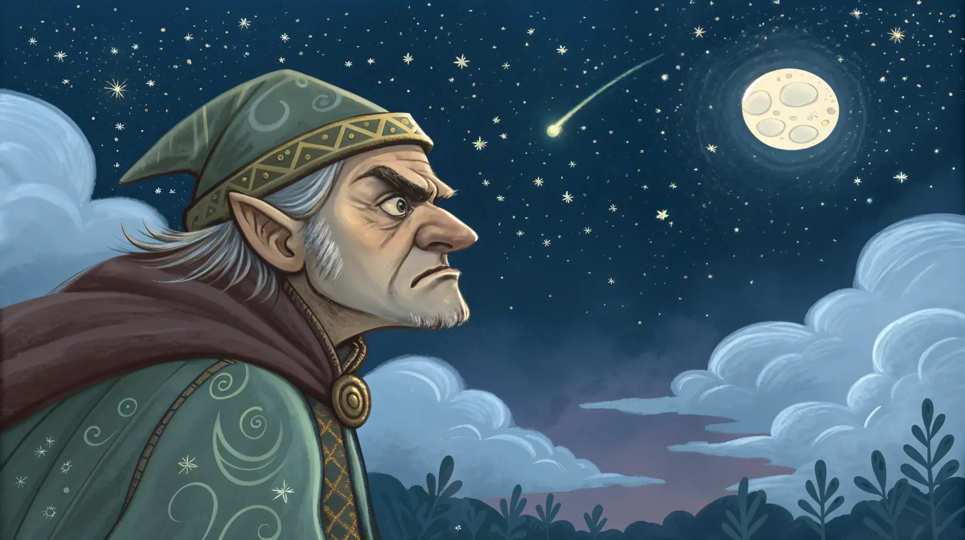 A grumpy, elderly figure in a wizard hat stares at a starry night sky with a bright moon and a shooting star, creating a captivating 4K Ultra HD desktop wallpaper background.