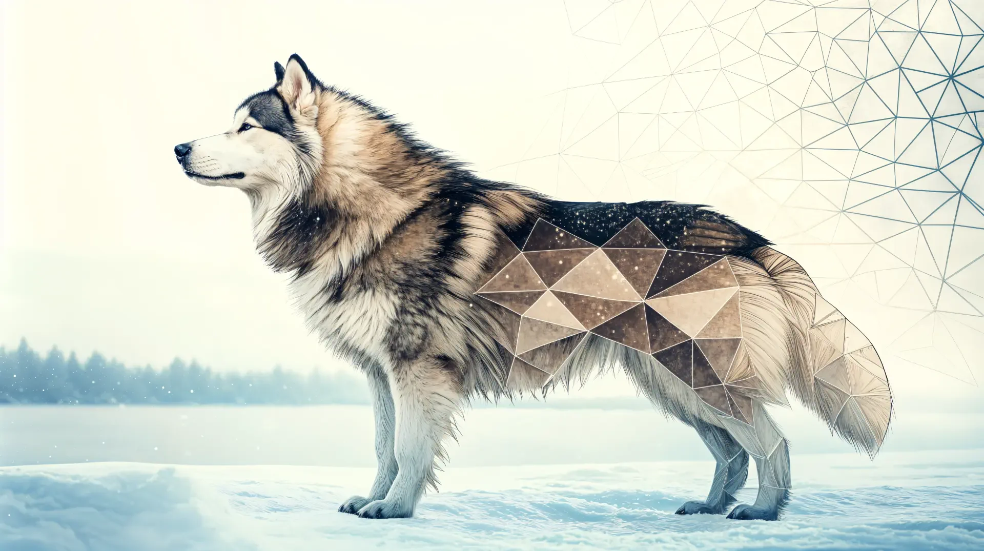 A majestic malamute stands in profile, artistically rendered with geometric patterns against a serene snowy backdrop, showcasing its beauty in this 4K Ultra HD desktop wallpaper.