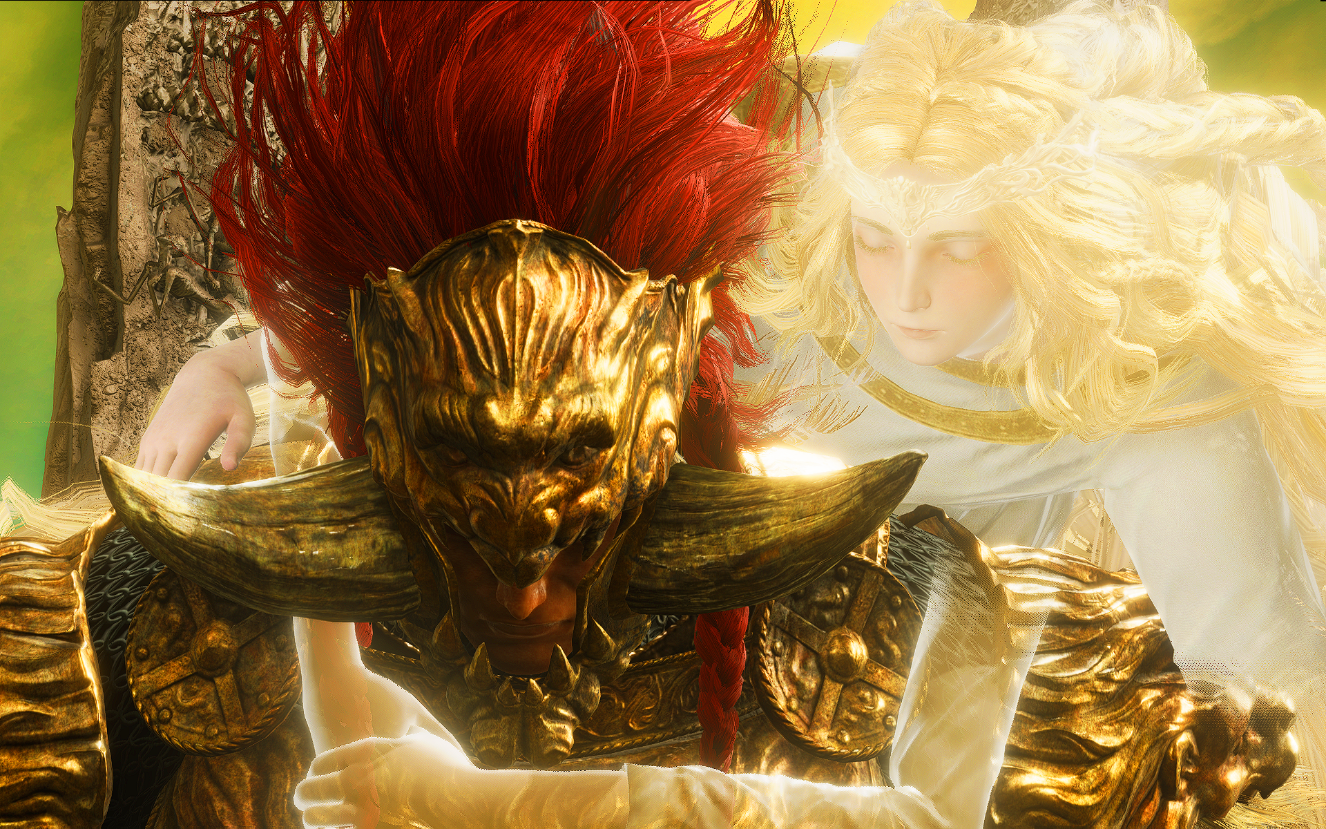 An HD wallpaper from Elden Ring: Shadow of the Erdtree, featuring Starscourge Radahn in golden armor, surrounded by ethereal light and Miquella of the Haligtree in the background.