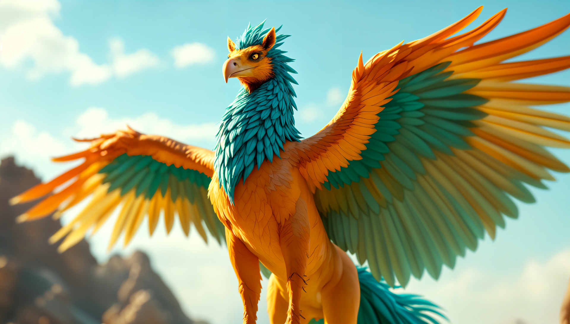 A vibrant hippogriff with striking turquoise and orange feathers spreads its wings against a bright blue sky, serving as a stunning 4K Ultra HD PC desktop wallpaper.