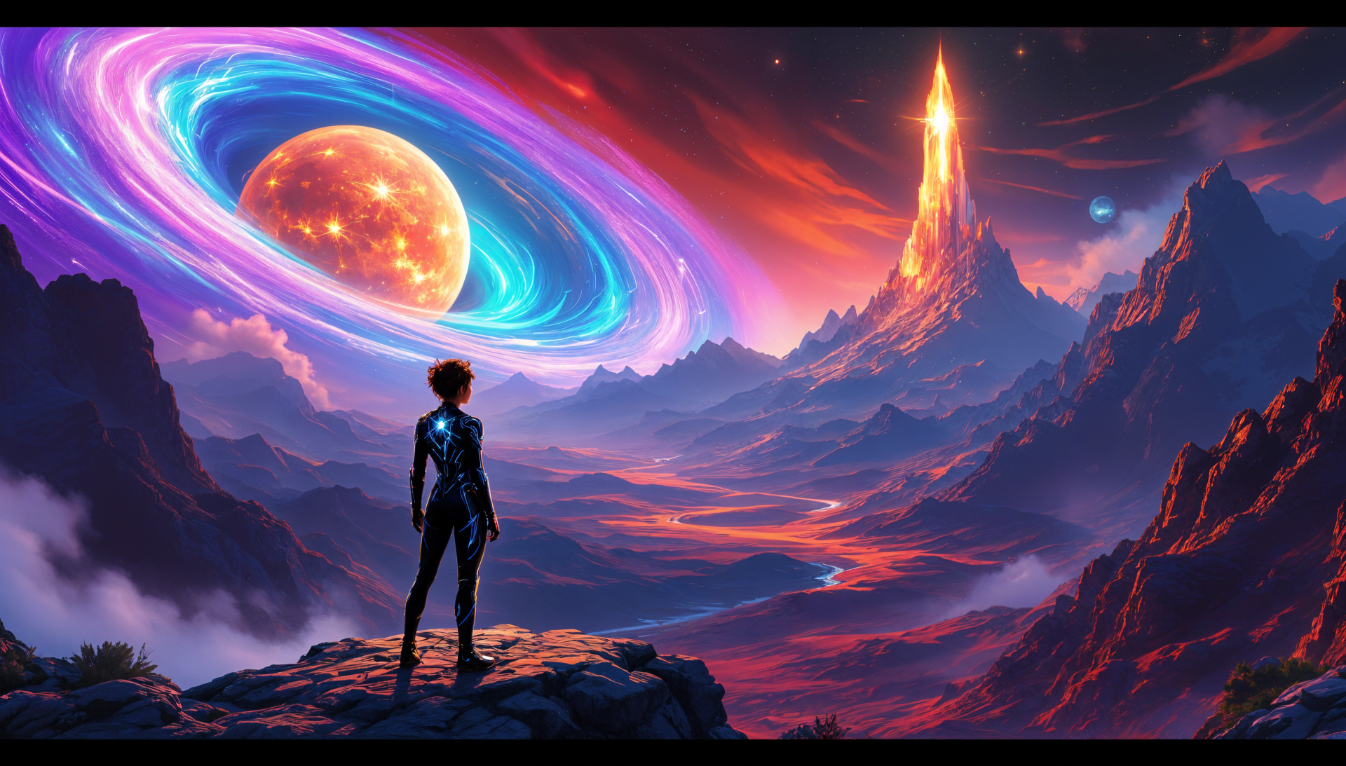 A stunning 4K Ultra HD wallpaper depicting an explorer standing on a rocky outcrop, gazing at a vibrant exoplanet with a majestic ringed planet and towering mountain landscapes.