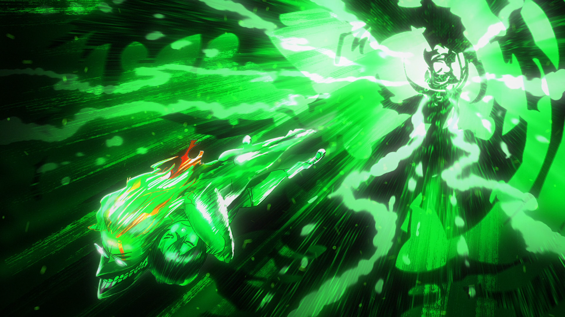 HD anime desktop wallpaper from Dandadan: Momo Ayase unleashes a blazing green energy blast against a suit-clad adversary amid streaking light.