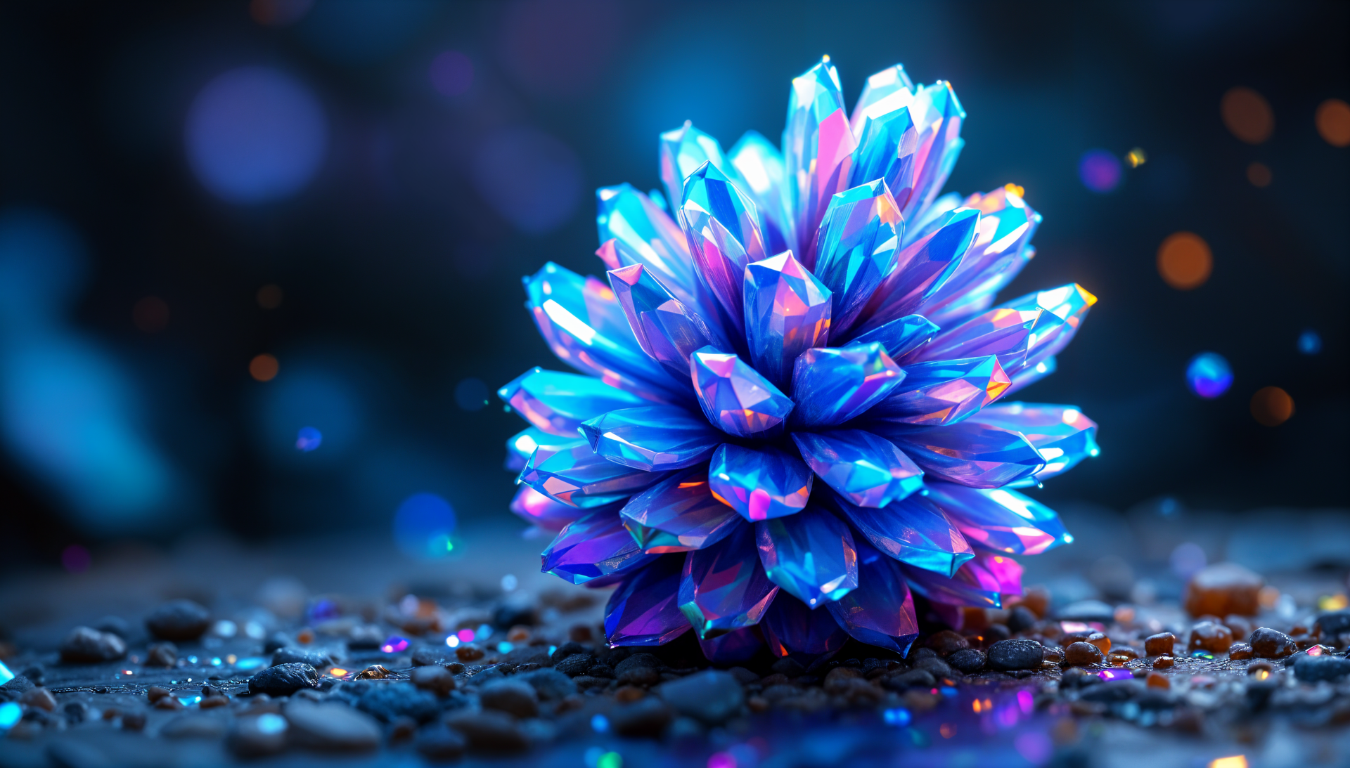 A vibrant blue crystal pine cone glows with iridescent gems on a dark, textured surface in stunning 4K Ultra HD resolution.