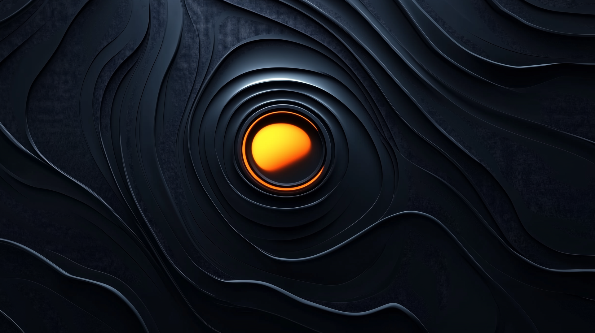 Abstract fluid black 2K Quad HD desktop wallpaper: layered waves forming a vortex around a glowing orange core.