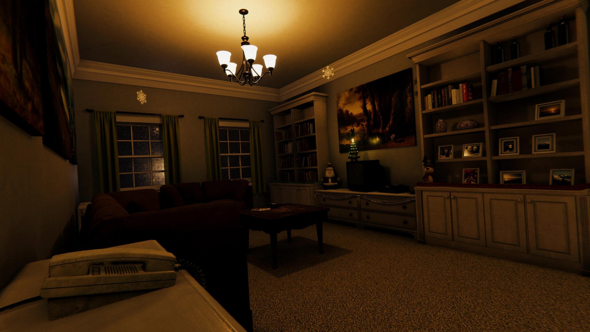 A cozy, dimly lit living room with a chandelier and bookshelves, featured as a 4K Ultra HD desktop wallpaper for the video game Among Ashes.