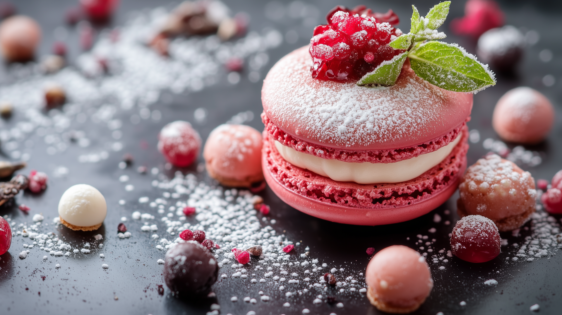HD PC desktop wallpaper featuring a close-up of a pink macaron dusted with powdered sugar, garnished with pomegranate seeds and a fresh mint leaf on a dark surface.