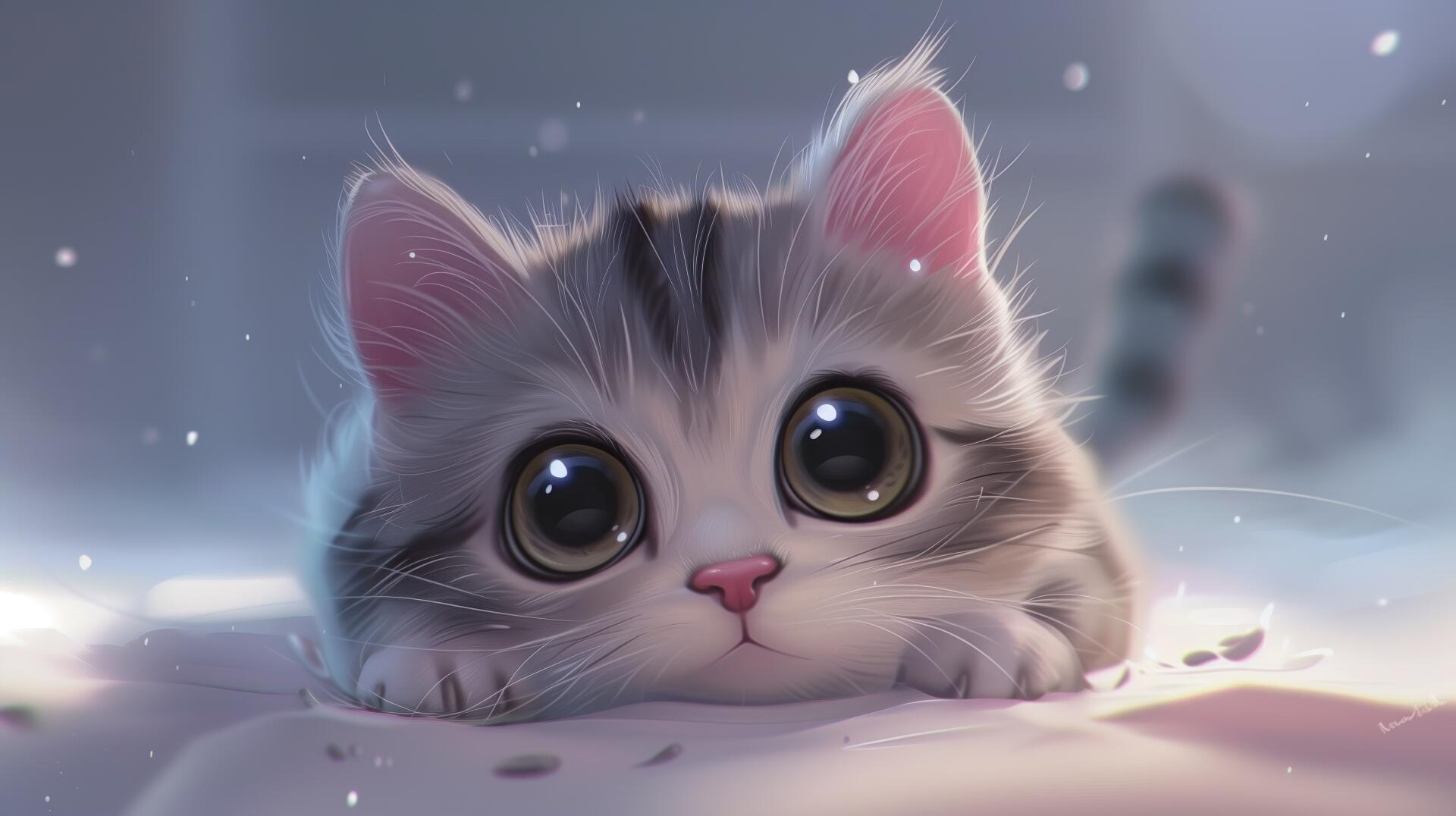 A cute cat with large, expressive eyes rests its chin on a surface, surrounded by a soft, dreamy atmosphere, capturing a charming moment in a 4K Ultra HD wallpaper.