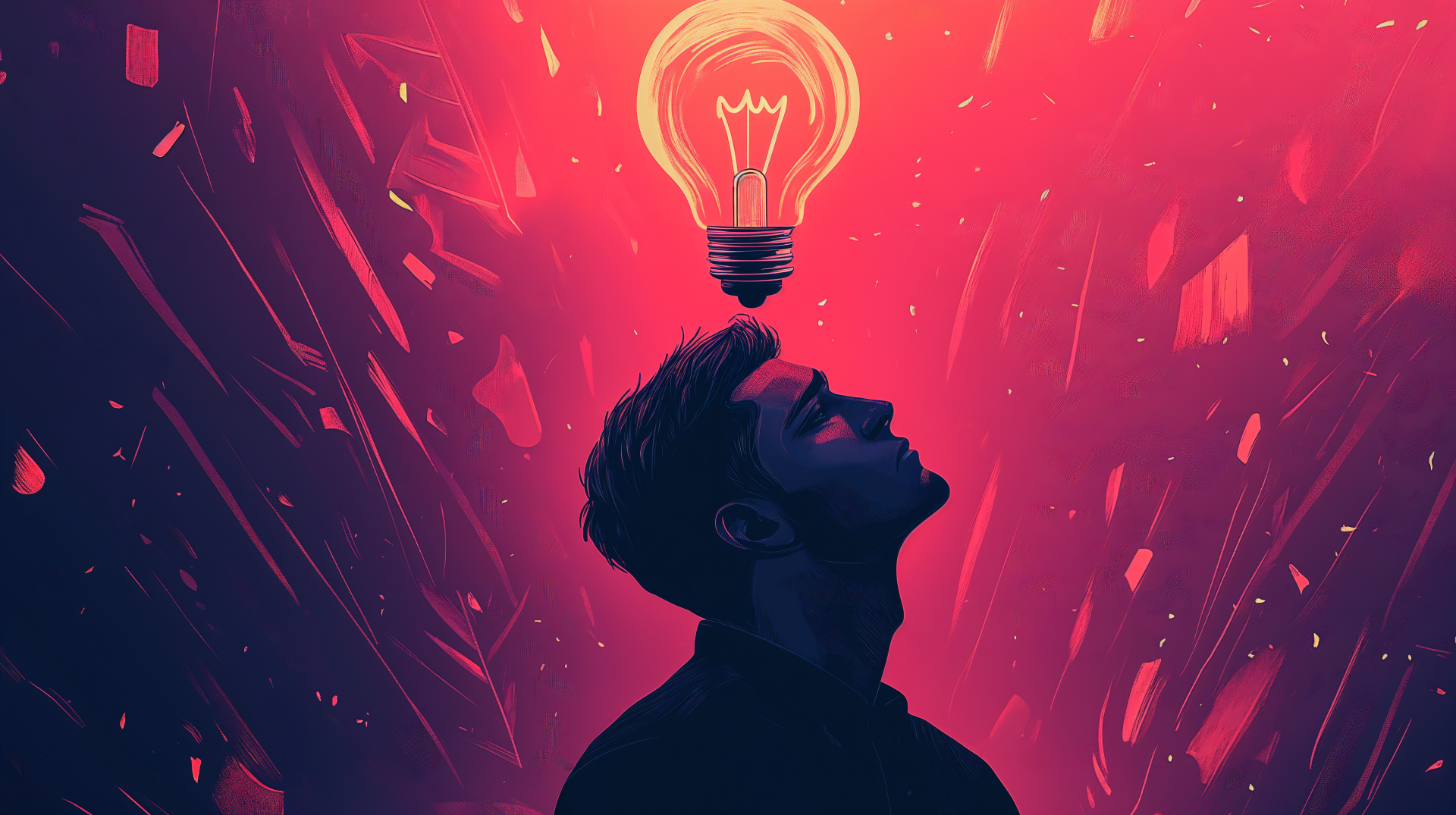 A silhouette of a man gazes upward as a glowing light bulb illuminates the vibrant pink and purple background, symbolizing inspiration and ideas. 4K Ultra HD desktop wallpaper.