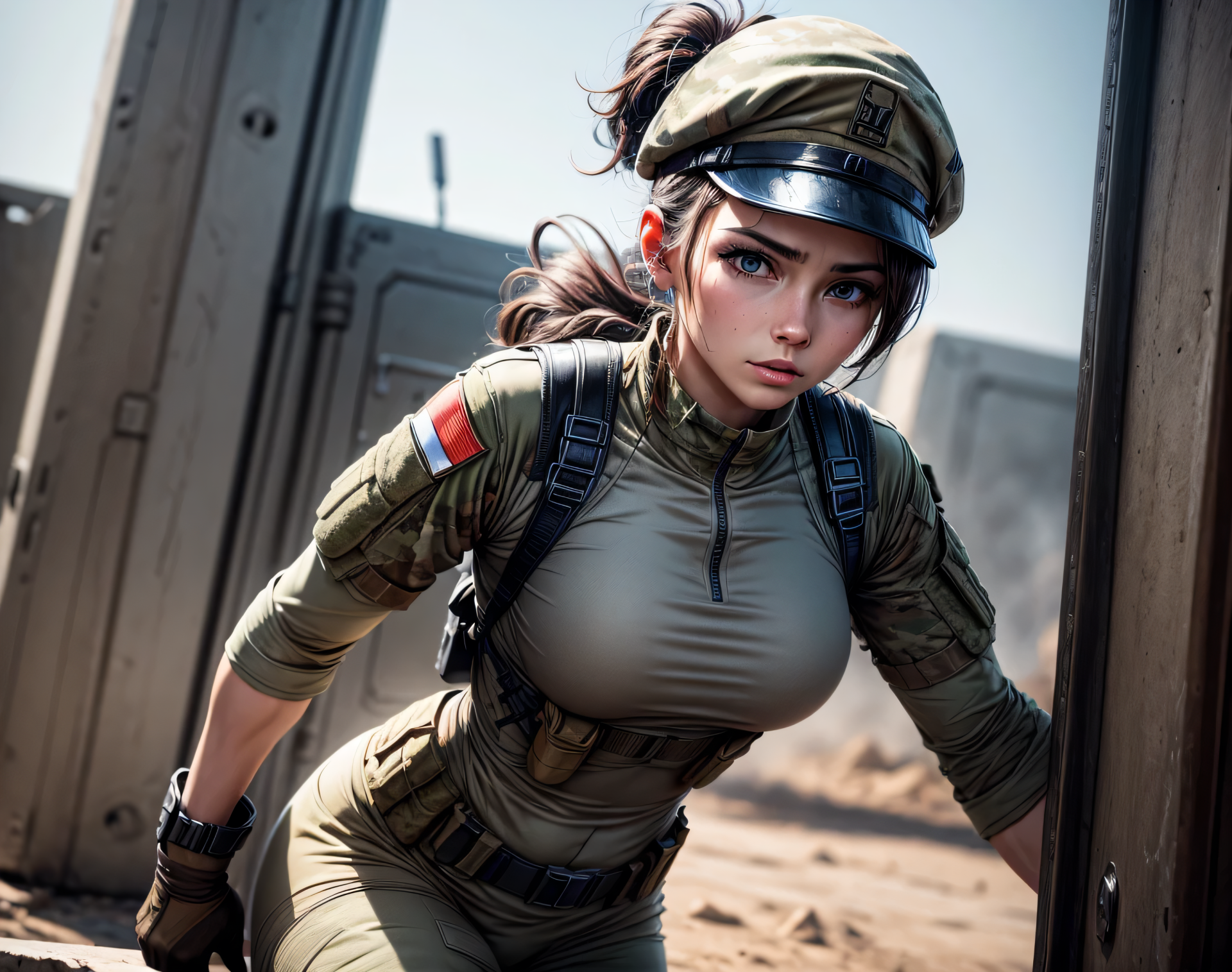 HD anime-style wallpaper featuring a beautiful, cute anime girl in detailed military attire with a focused expression, set in an outdoor environment.