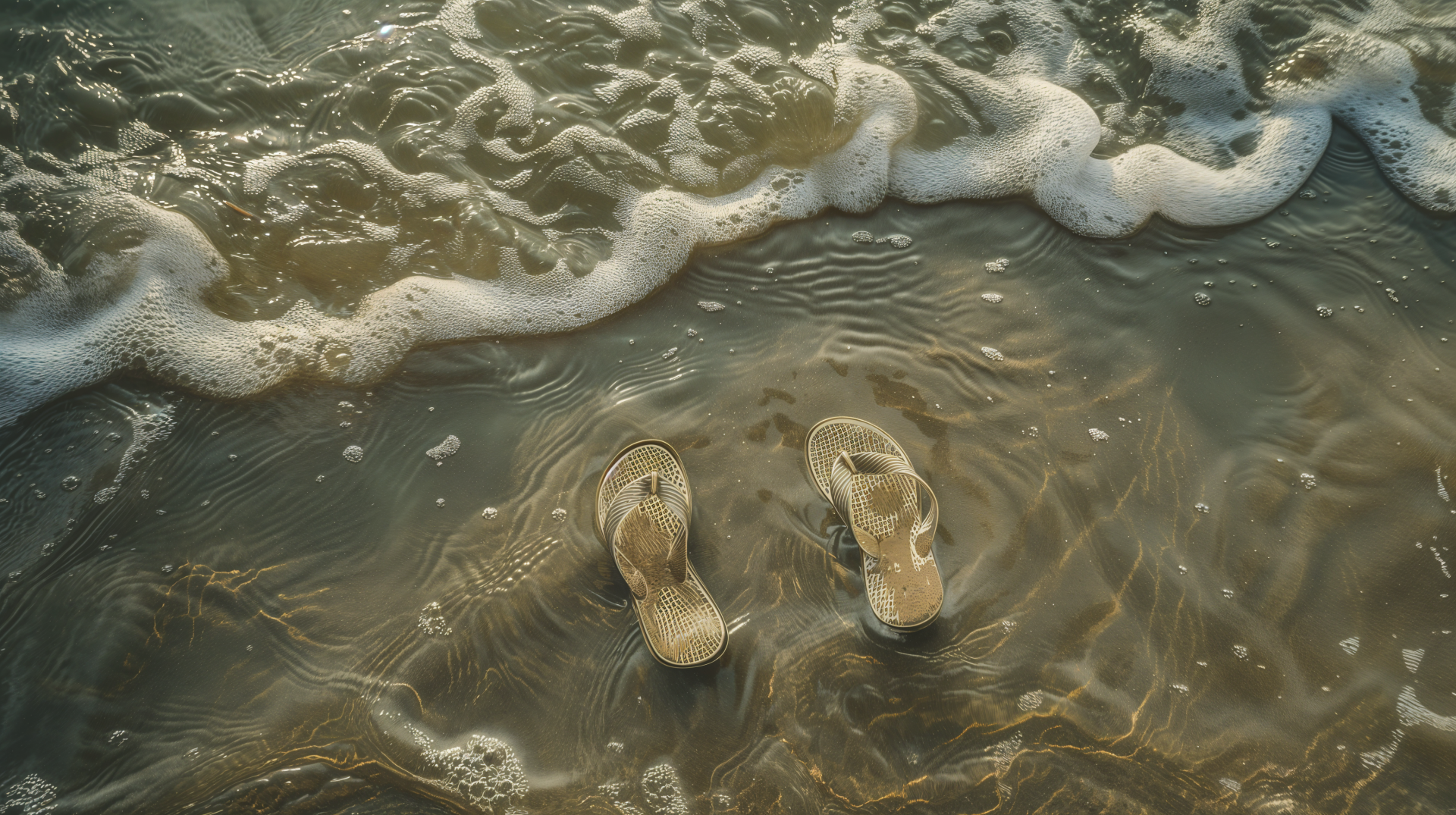 A close-up of flip flops resting in shallow water, with gentle waves lapping around them, captured in a stunning 4K Ultra HD background, evoking a serene beach atmosphere.