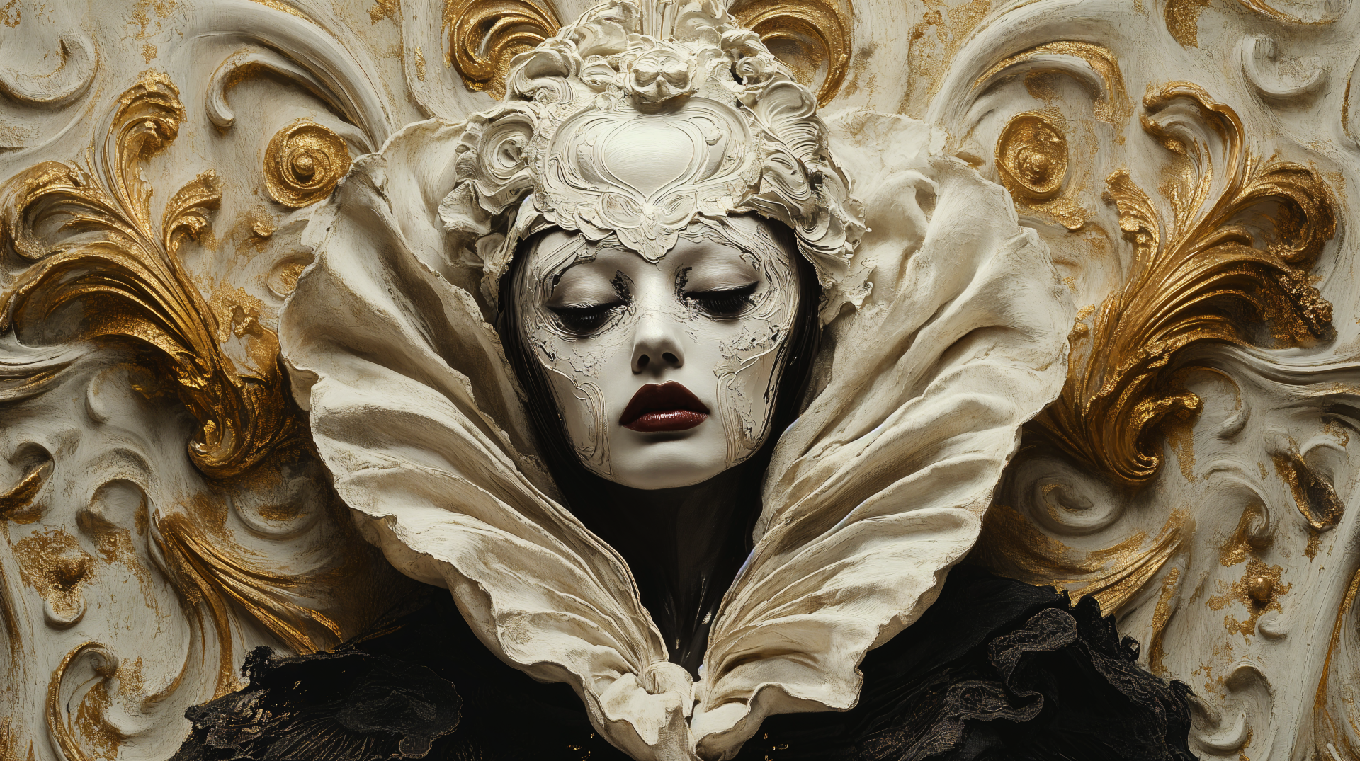 A renaissance-inspired portrait of a woman with intricate makeup and a dramatic collar, set against a richly textured background, serves as a striking 4K Ultra HD wallpaper.